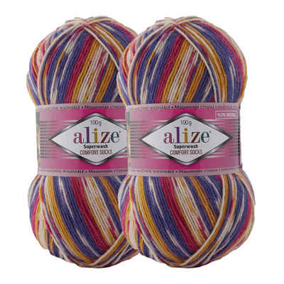 Alize 2 x 100g Sockenwolle Superwash Comfort Häkelwolle, 7655 weiß lila pink