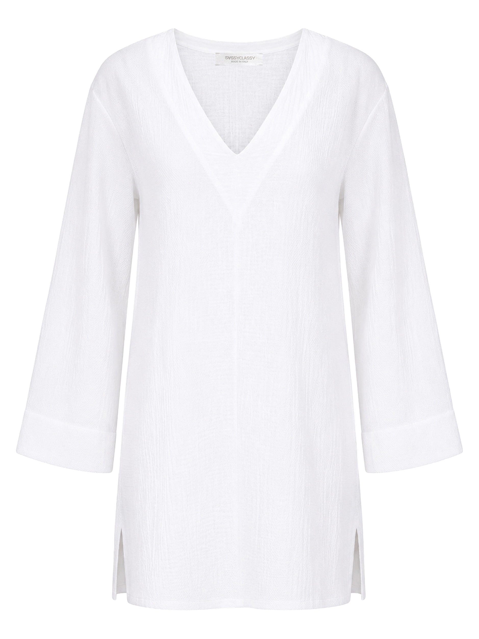 SASSYCLASSY Minikleid Kurzes Musselin Beach Kleid Sommerliches Strandkleid mit tiefem V-Ausschnitt und weiten Ärmeln