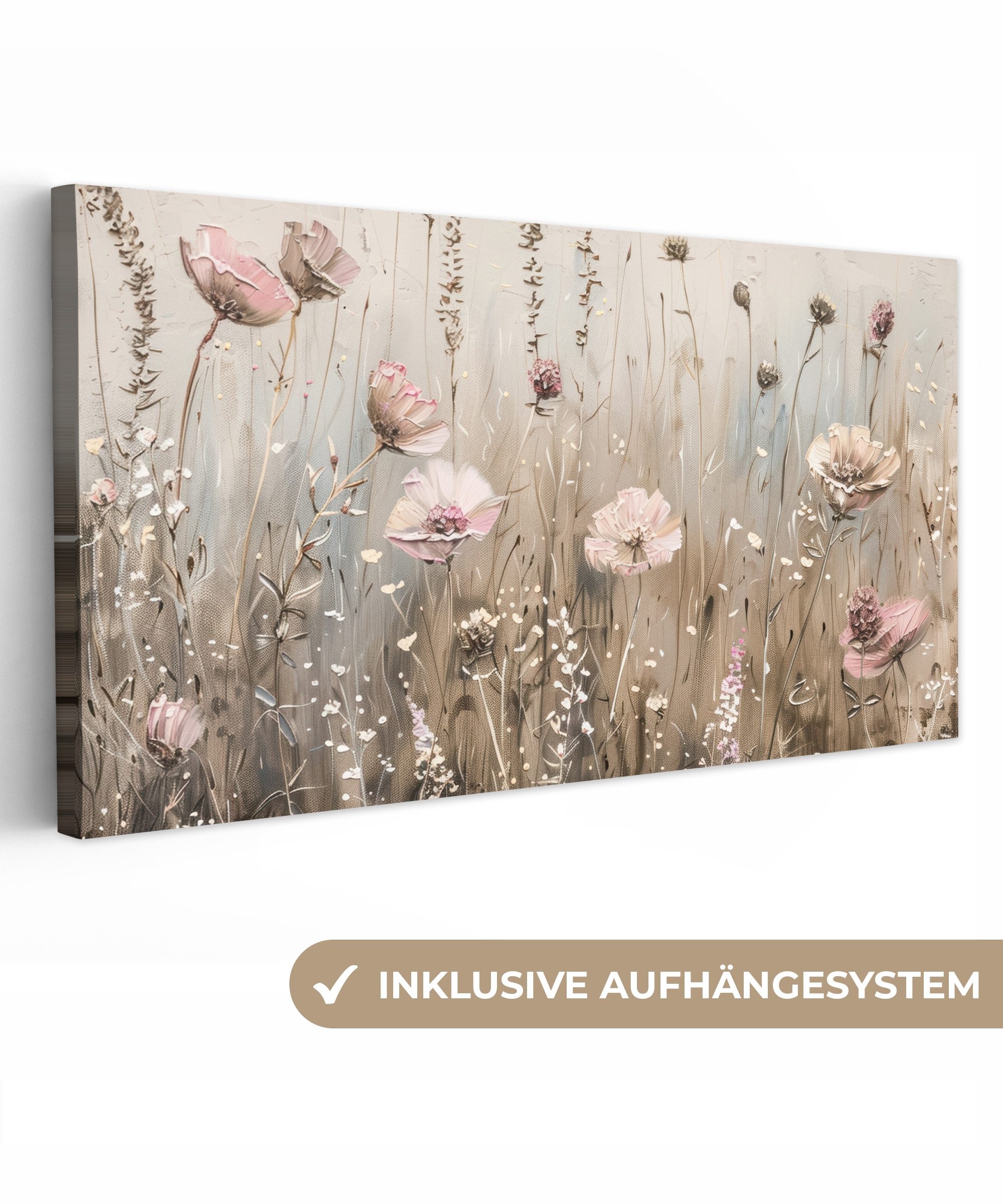 OneMillionCanvasses® Leinwandbild Panorama Blumen - Rosa - Modern - Beige, günstig online kaufen
