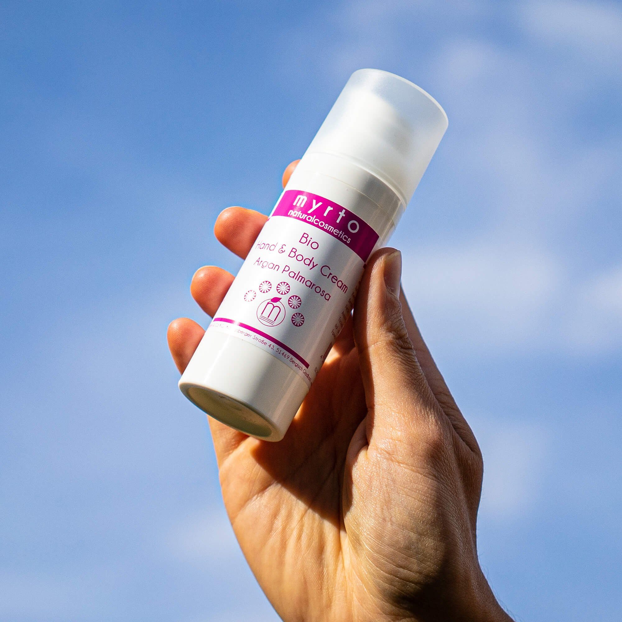 myrto Naturkosmetik Handcreme Bio Handcreme Argan Palmarosa - bei strapazierter Haut, naturreine ätherische Öle, emulgatorfrei, vegan, palmölfrei