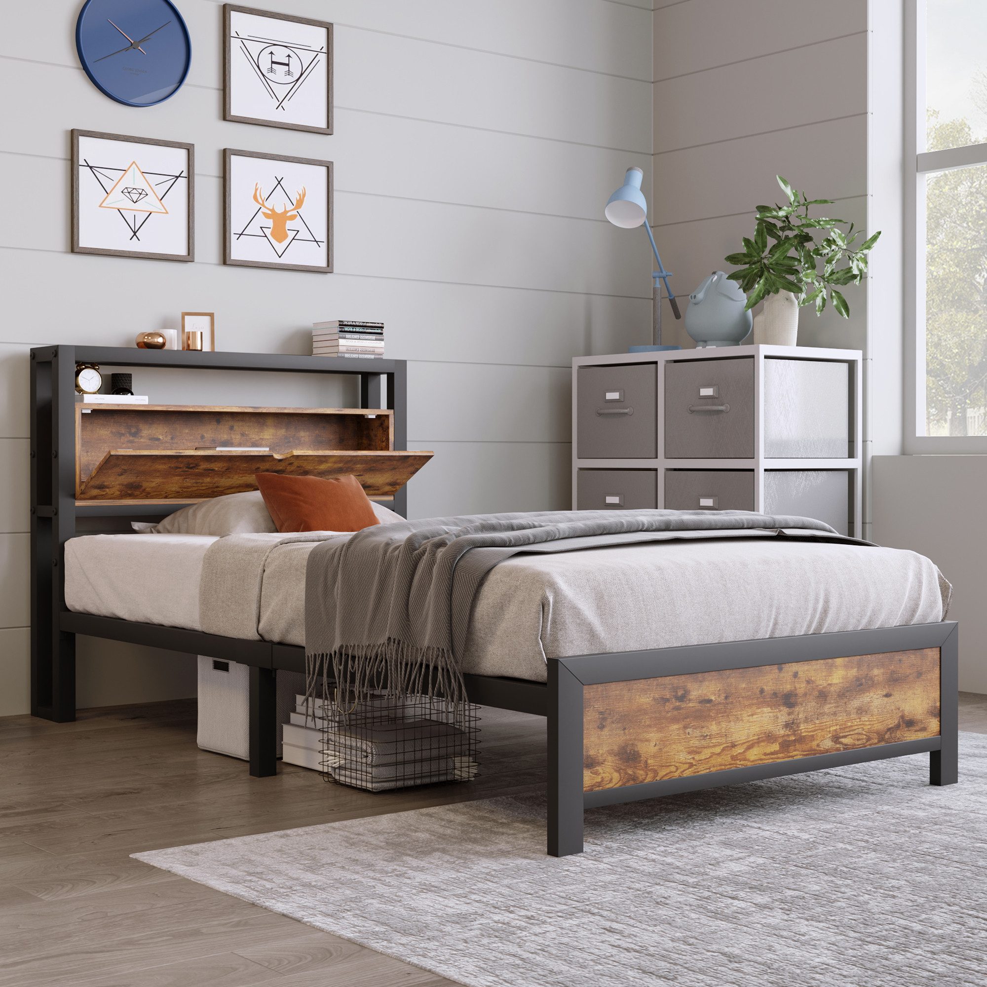 MC Star Bett Metallbett Jugendbetten Doppelbett (Stauraum-Kopfteil und Metall Lattenrost, Kinderbett Metall Bettgestell Bettrahmen Für Erwachsene, Kinder, Jugendliche)