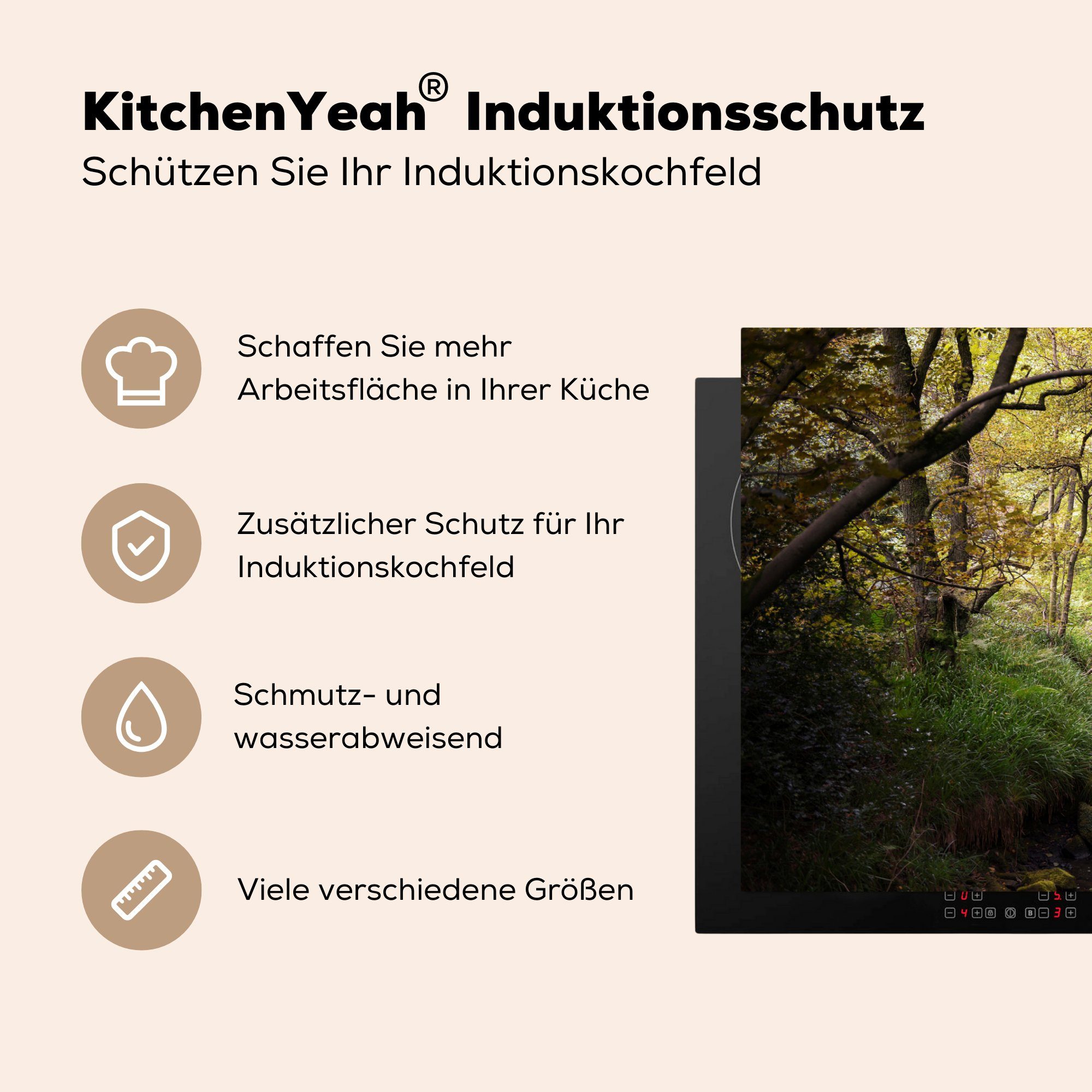 Herdblende-/Abdeckplatte küche, - - (1 Schutz Baum Hirsch Ceranfeldabdeckung tlg), cm, MuchoWow Vinyl, Wald, Induktionskochfeld für die 81x52