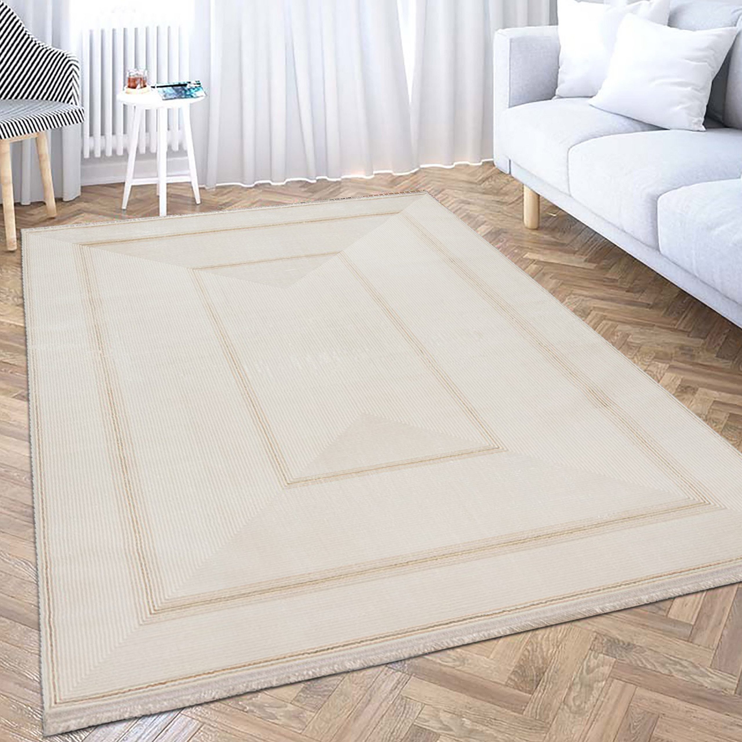 Teppich Edler Wohnzimmer Teppich mit Fransen in creme gold, TeppichHome24, rechteckig, Höhe: 13 mm