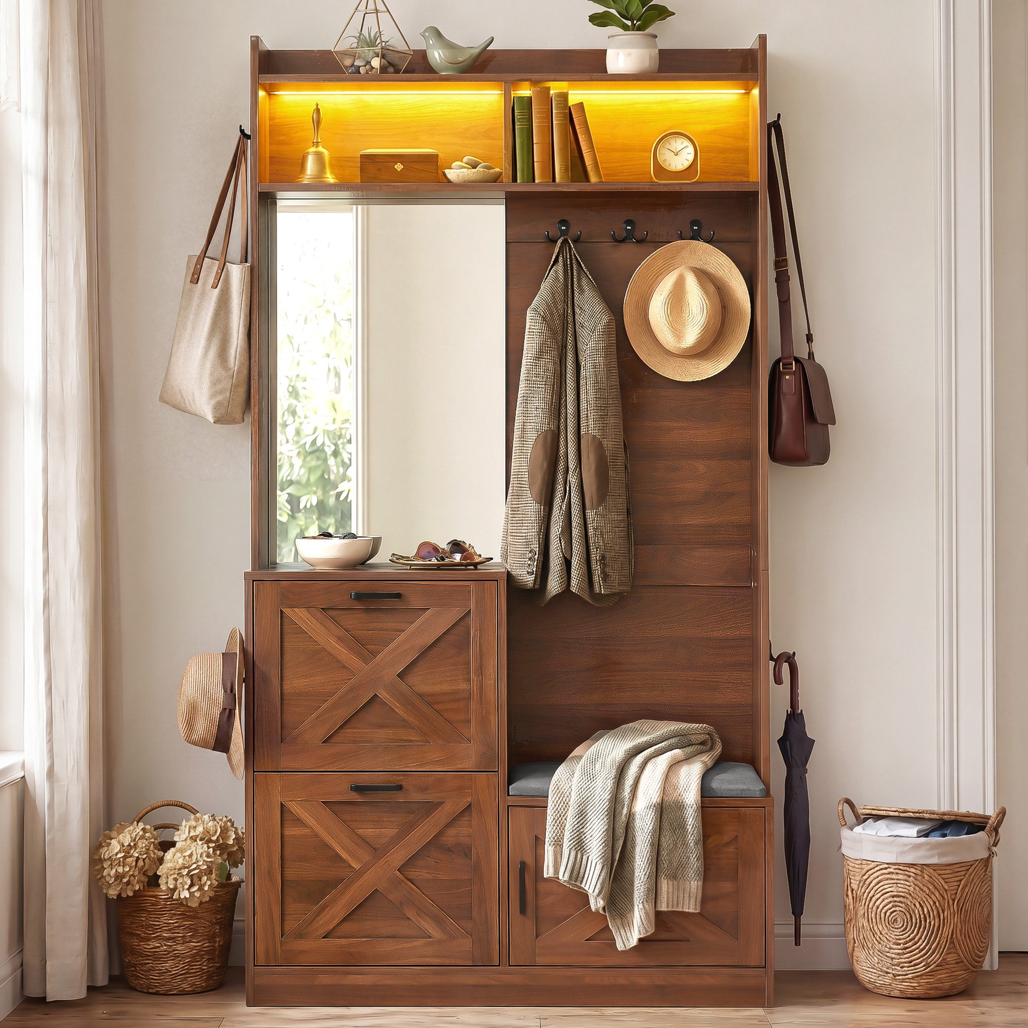Merax Garderobenschrank mit LED-Beleuchtung (Flurschrank Garderobe 200 x 38 x 55 cm, 1-St) Kompaktgarderobe mit 2 Klappschuhfächern, Sitzbank, Haken,Metallgriffe