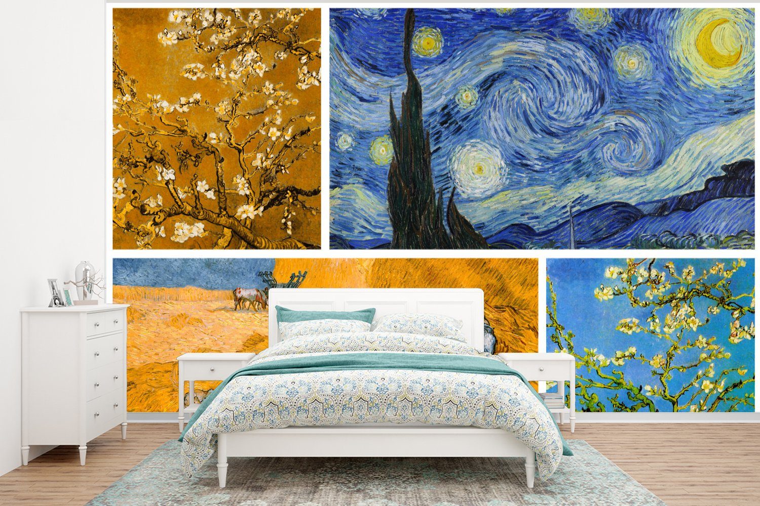 für Gogh (6 Fototapete Vinyl MuchoWow St), Wallpaper Kinderzimmer, - Wohnzimmer, Van Kunst, Matt, Tapete Schlafzimmer, - Collage bedruckt,