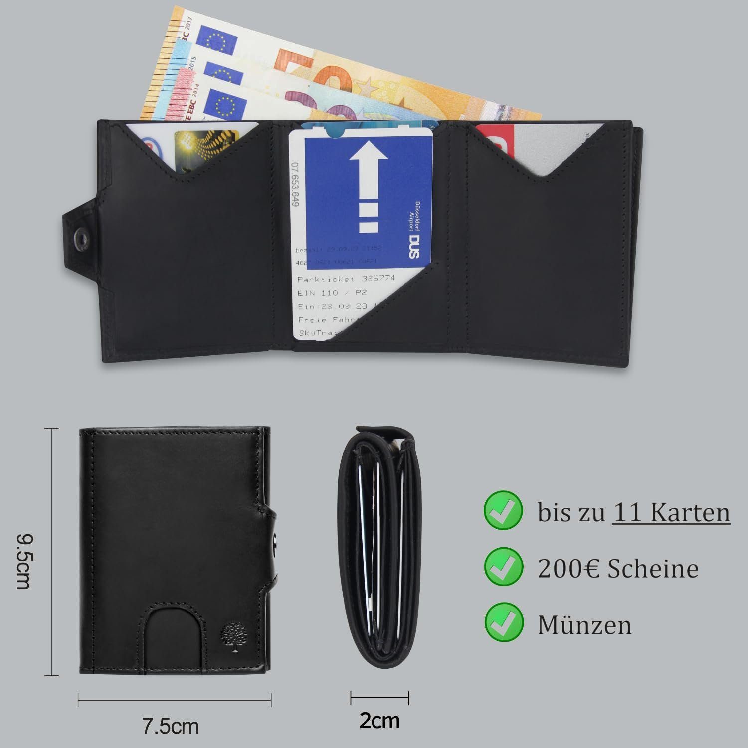 Frentree Mini Geldbörse Portemonnaie Glattleder Kartenetui Slim Echtleder - - Leder aus mit Schwarz Wallet - mit Geldbörse Mini, echtem Münzfach Geldbeutel Klein RFID-Schutz