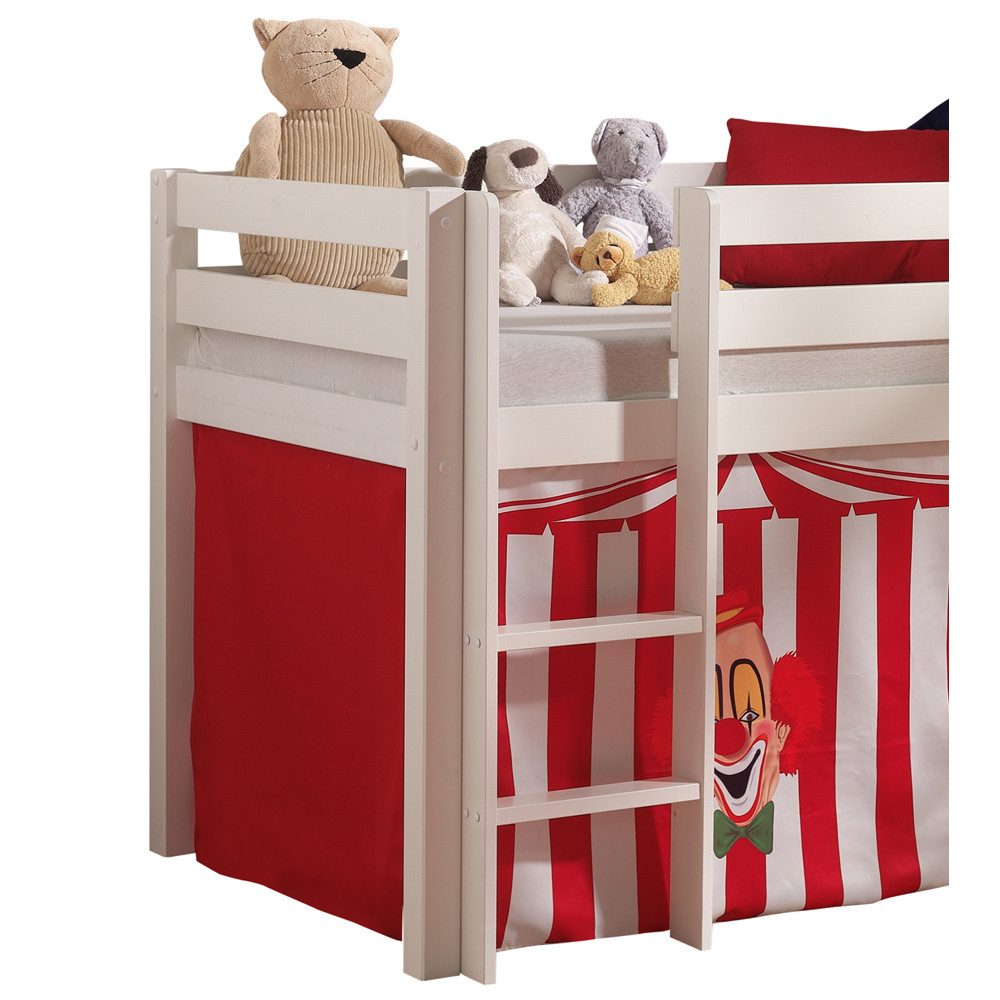 Lomadox Hochbett PINOO-12 Zirkus in Kiefer massiv weiß lackiert incl. Rutsche 210/114/218 cm