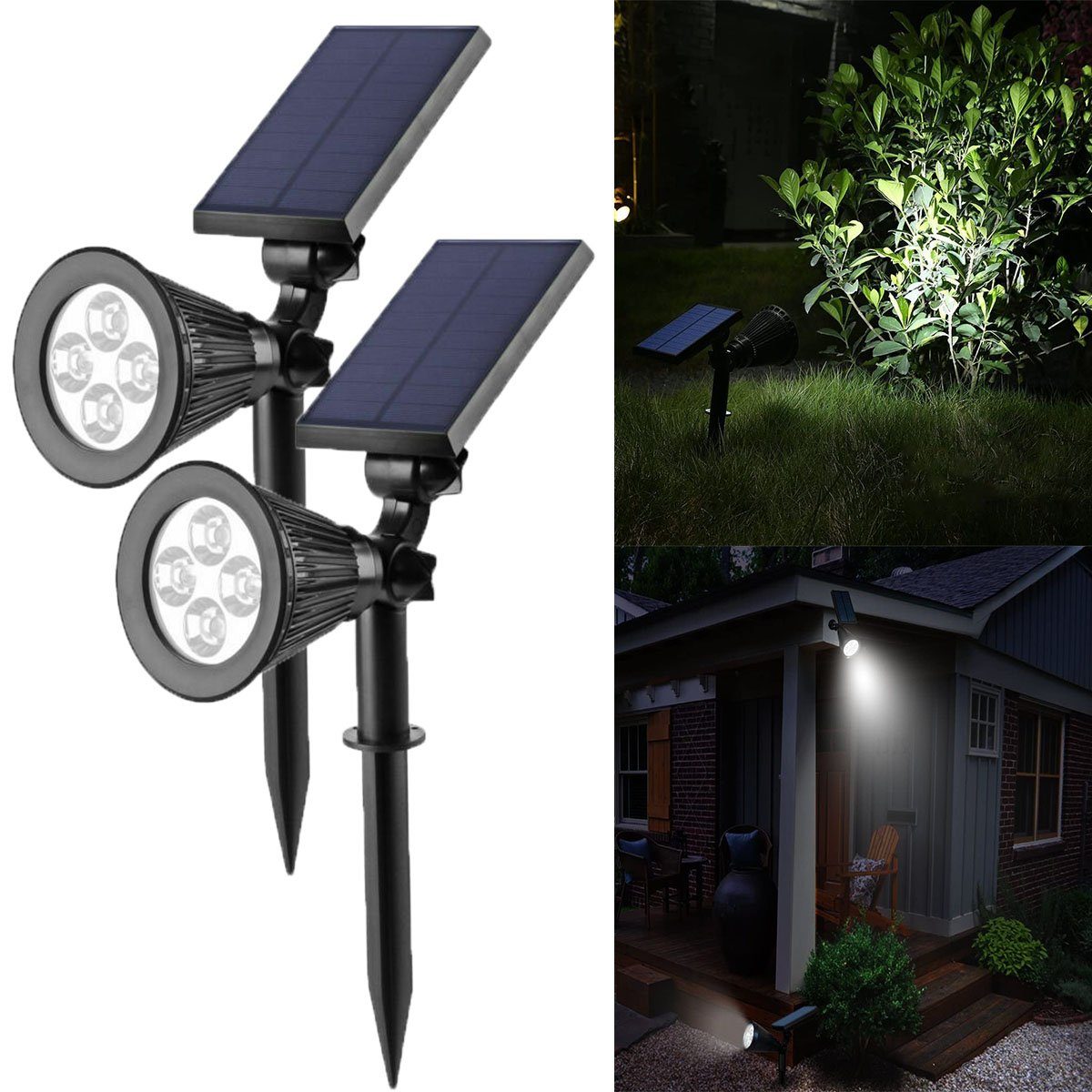 oyajia LED Solarleuchte 4LEDs Solarleuchte Scheinwerfer, Superhelle 200-LM-Landschaftslampen, LED fest integriert, 180 ° -Winkel einstellbar für Terrasse, Baum, Deck, Wand, Poolbereich 2x Kaltweißes Scheinwerfer