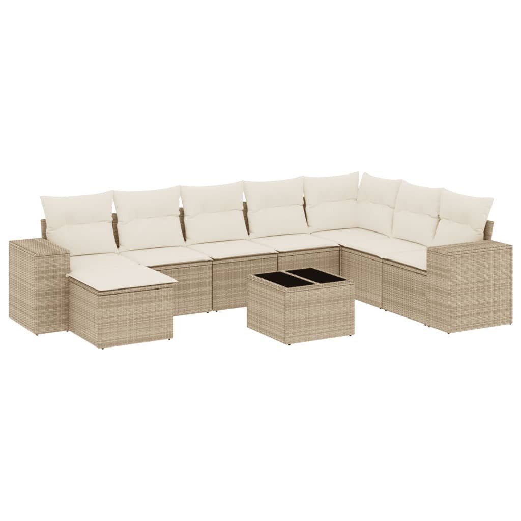Gartenlounge-Set 9-tlg. Garten-Sofagarnitur mit Kissen Beige Poly Rattan