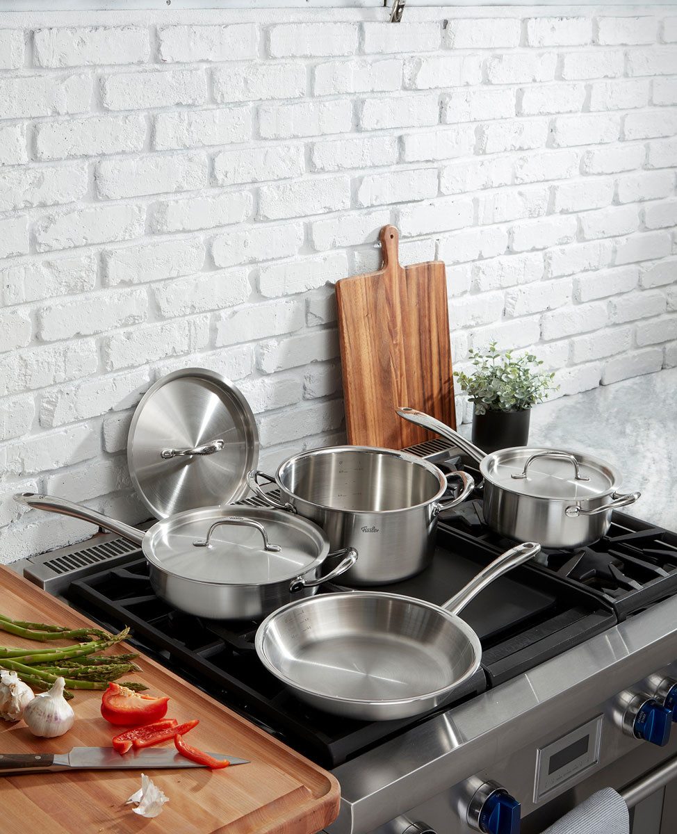 Fissler Topf-Set Fissler M5 Pro-Ply®, Edelstahl-Topfset (7-teilig), Edelstahl 18/10 (Set, 7-tlg., 7-teilig: Bratpfanne, Kochtopf, Sauteuse und Stielkasserolle), 7-teiliges Premium Kochgeschirr mit Pro-Ply™ Technologie