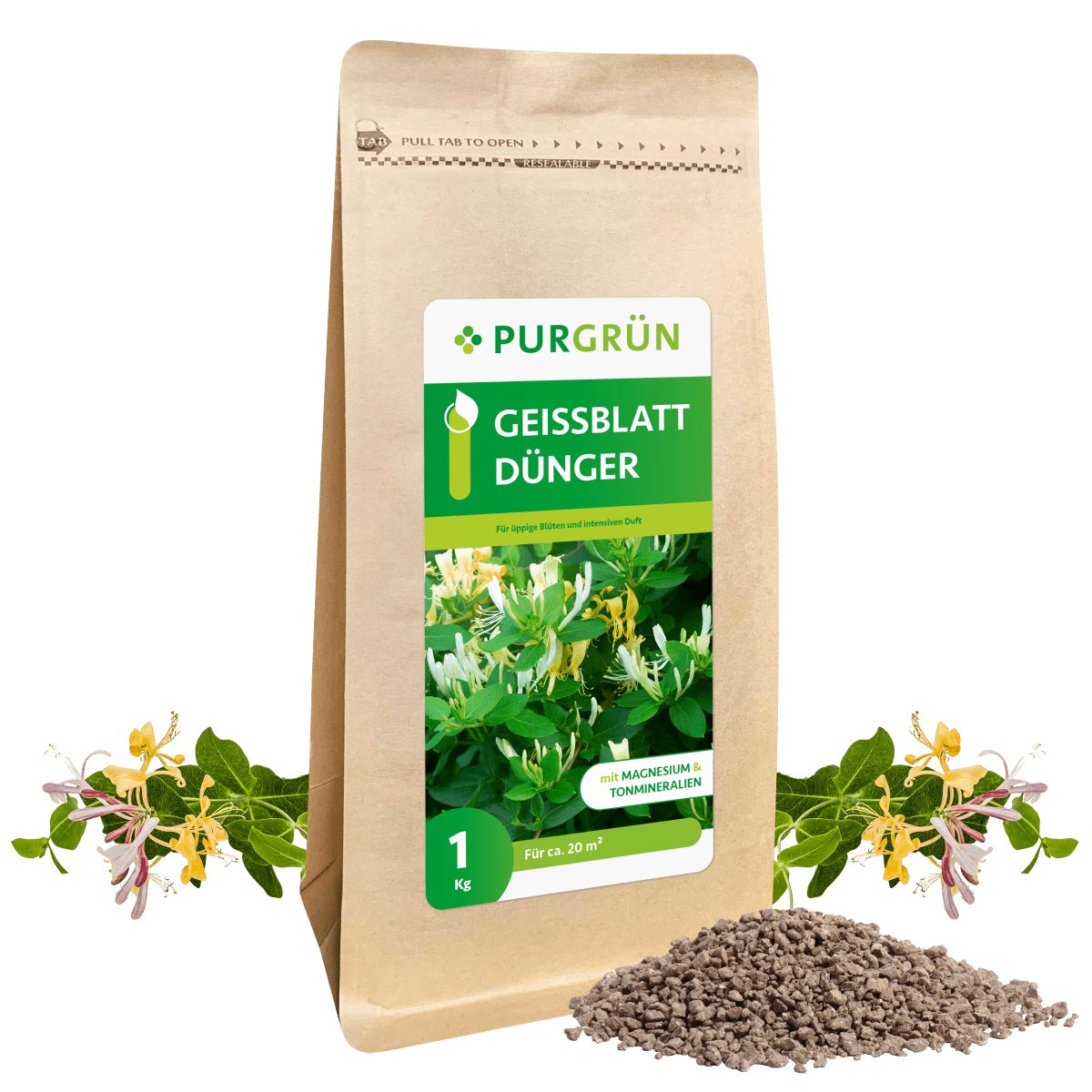Gartendünger Purgrün Geißblatt Dünger, NPK 5+4+6 mit Premium Magnesium, 1 kg