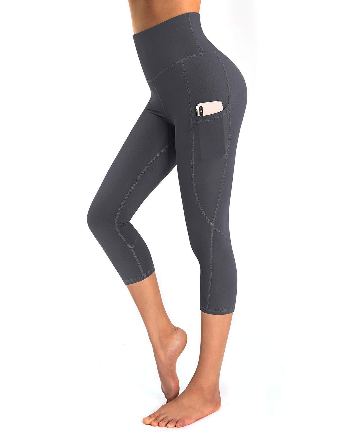 Grau Fitness-Laufleggings Taille Taschen, hoher mit G4Free Damen-Yogahose Yogahose
