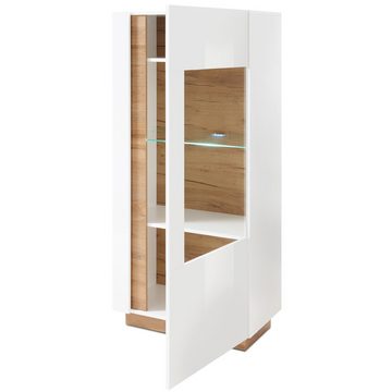 Lomadox Vitrine CELLE-61 weiß Glanz mit Abs. Grandson-Oak Eiche Nb. 72/154/40 cm