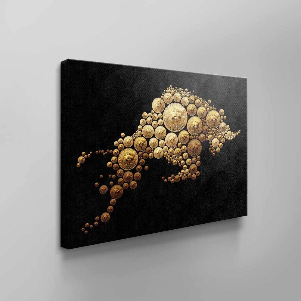 DOTCOMCANVAS® Leinwandbild Bulle Bitcoin schwarz Wandbild Krypto Bitcoin Bulle ohne Bitcoin Tier Bulle, Goldmünze Rahmen