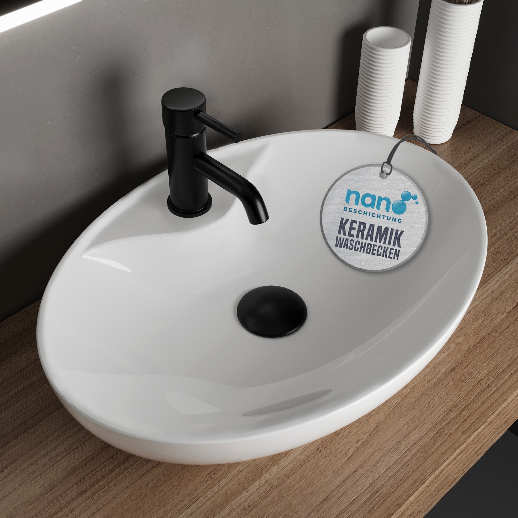 Alpenberger Aufsatzwaschbecken Bad Waschbecken Gäste WC Handwaschbecken Waschschüssel für Waschplätze (Waschbecken 66 cm Breit, Waschschale mit Nano Beschichtung), Ovales Aufsatzwaschbecken mit Hahnloch