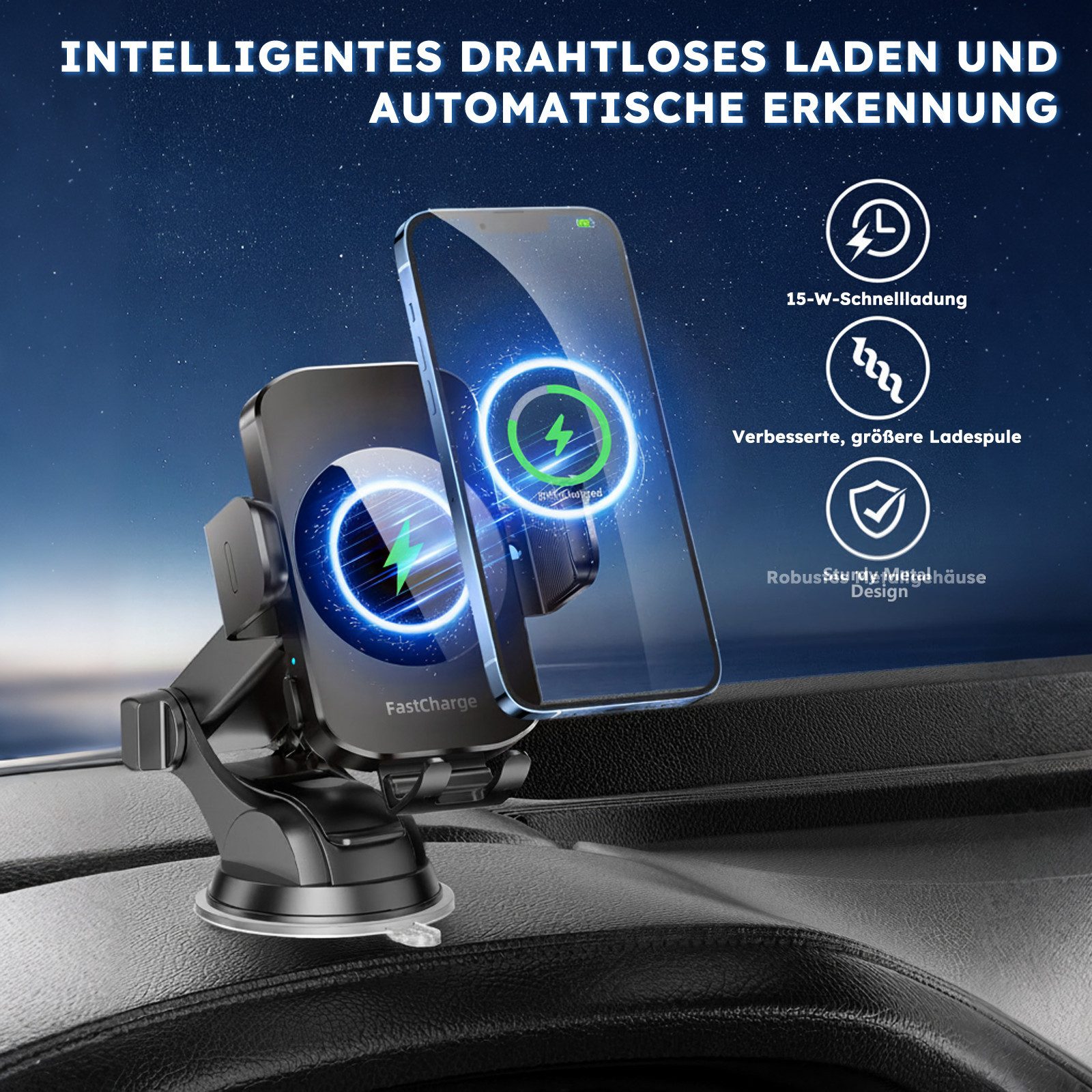 MOPUEA Smartphone-Halterung Kabelloses Auto-Ladegerät Schnelllade-Handyhalter Universal, (bis 7 Zoll, 1-tlg., 3-in-1 Auto-Clamping Handyhalterung, Handyhalter 15W Auto-Handyhalterung mit Ladefunktion)