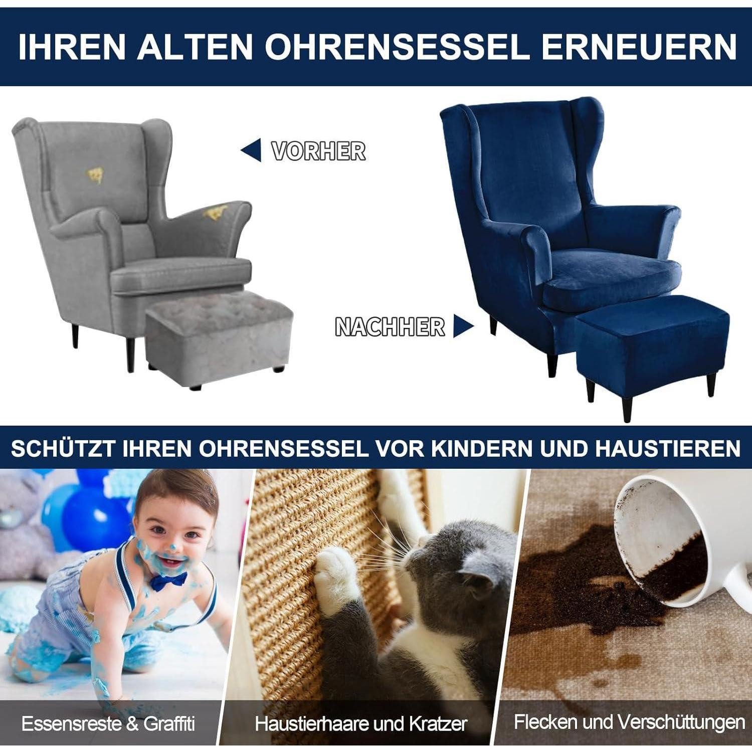 LuxusKollektion Hussen-Set Ohrensessel Überzug Ottomane Stretch Samt Armlehne Marineblau 3 Teilig – Bild 5 von 5