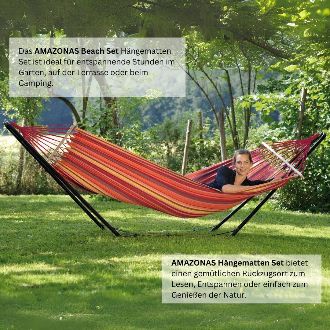 Amazonas Hängematte mit Stahlgestell, 100kg belastbar, 200x100 cm (Beach Set), Schnell aufzustellen und leicht zu verstauen
