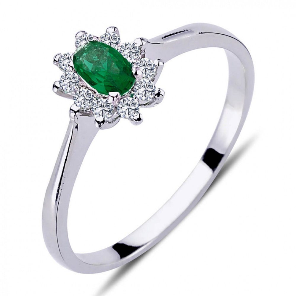 EinStein Diamant Diamantring Halo Diamant Oval Smaragd Entourage Ring 14 Karat Weißgold