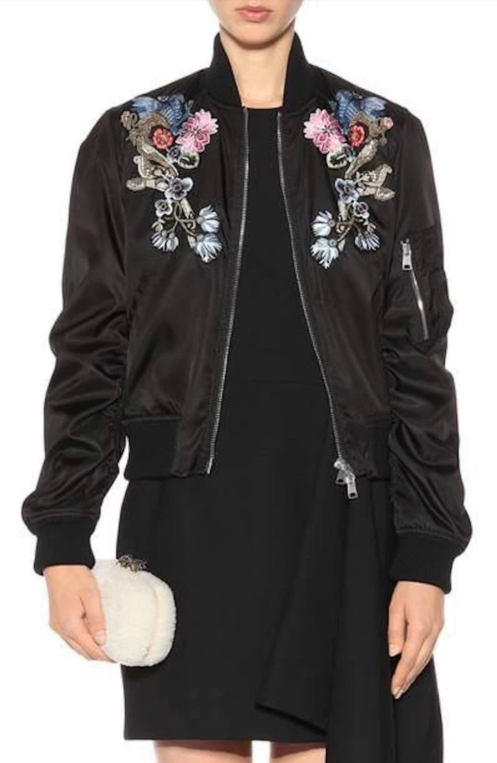 ALEXANDER MCQUEEN Bomberjacke Blumen Bestickte Festivaljacke Blouson mit Seidenfutter S Stickerei mit Perlen-Kristallverzierungen auf Brust & Schultern