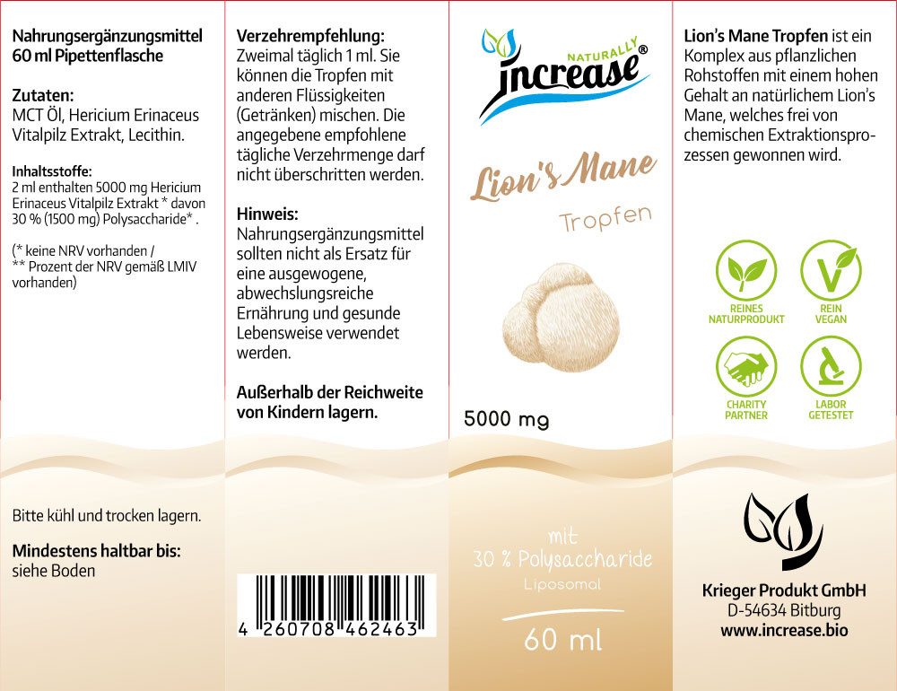 increase NATURALLY Liposomales Lion's Mane - 5000mg Erinaceus Vitalpilz Extrakt pro Tag Tropfen, 60 ml
