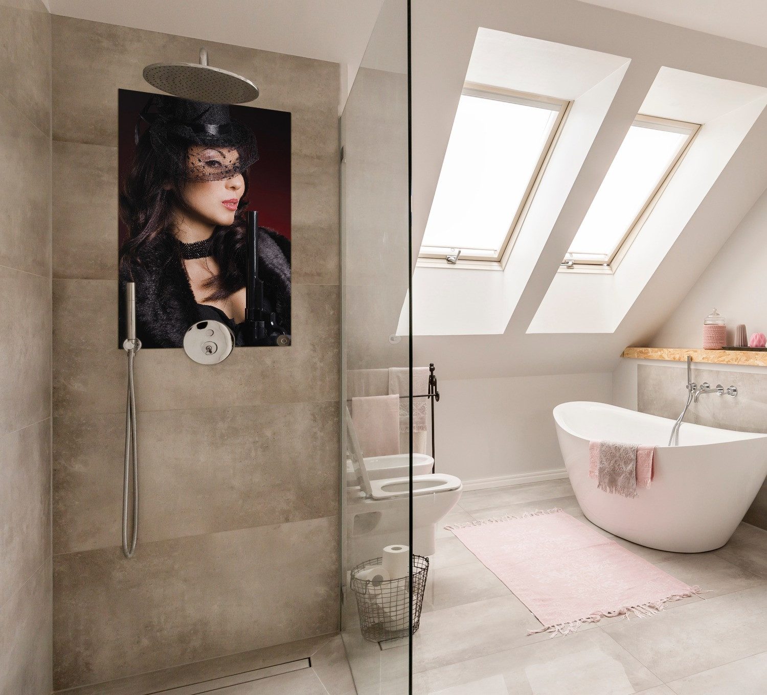 Wallario Wandfolie, Lady in Black - Sexy Dame mit gefährlichem Charme, wasserresistent, geeignet für Bad und Dusche
