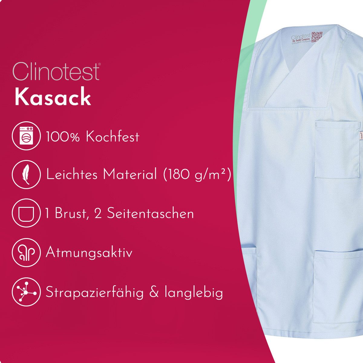 Clinotest Funktionsbluse Kasack Damen & Herren - 95 Grad waschbare, kochfest ohne einzulaufen (1-tlg) Schlupfkasack aus Baumwolle & Polyester - Berufsbekleidung für Pflege
