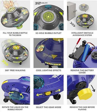 Gontence Seifenblasenmaschine Automatische und Rotierende Bubble Machine mit Lichtern und Musik, Hindernisvermeidung,Blasenmaschine Elektrisches Blasenspielzeug