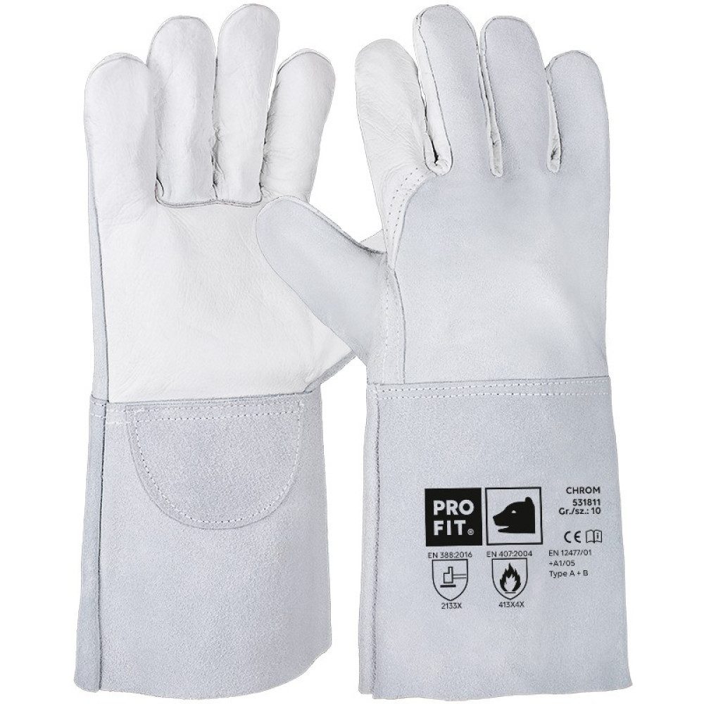 PRO FIT by Fitzner Leder-Arbeitshandschuhe Schweißerhandschuh Kombi Rindleder,"Chrom", 35 cm Gr. 10