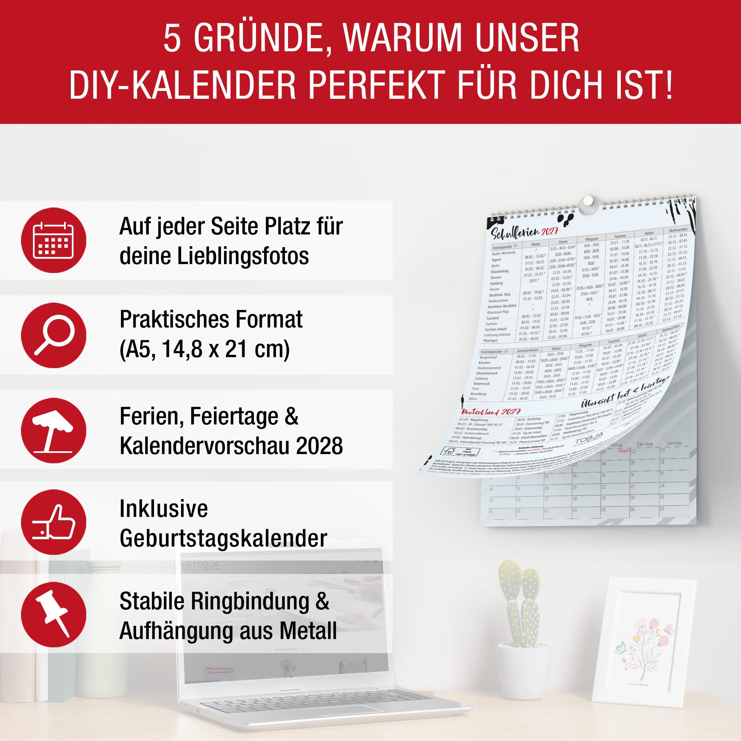 TOBJA Kalender zum Selbstbasteln DIY Foto-Kalender 2027 A5 Ink Schwarz-Weiß Bastelkalender Geschenk, Schwarz-Weiß modern, von/für-Cover, 250g FSC, alle Stifte, A5