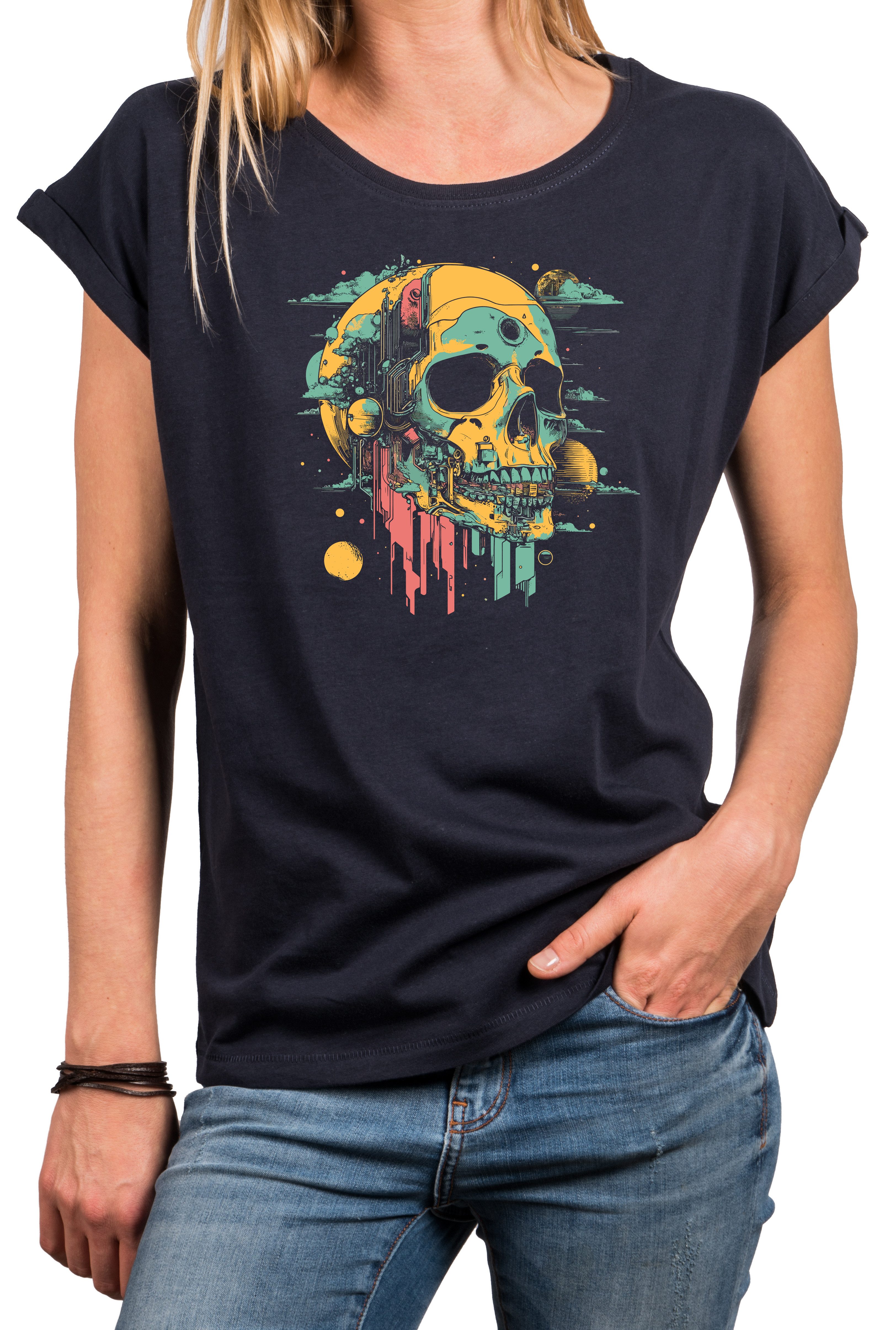 T-Shirt Damen-Top mit buntem Totenkopf – rockiger Festival-Look