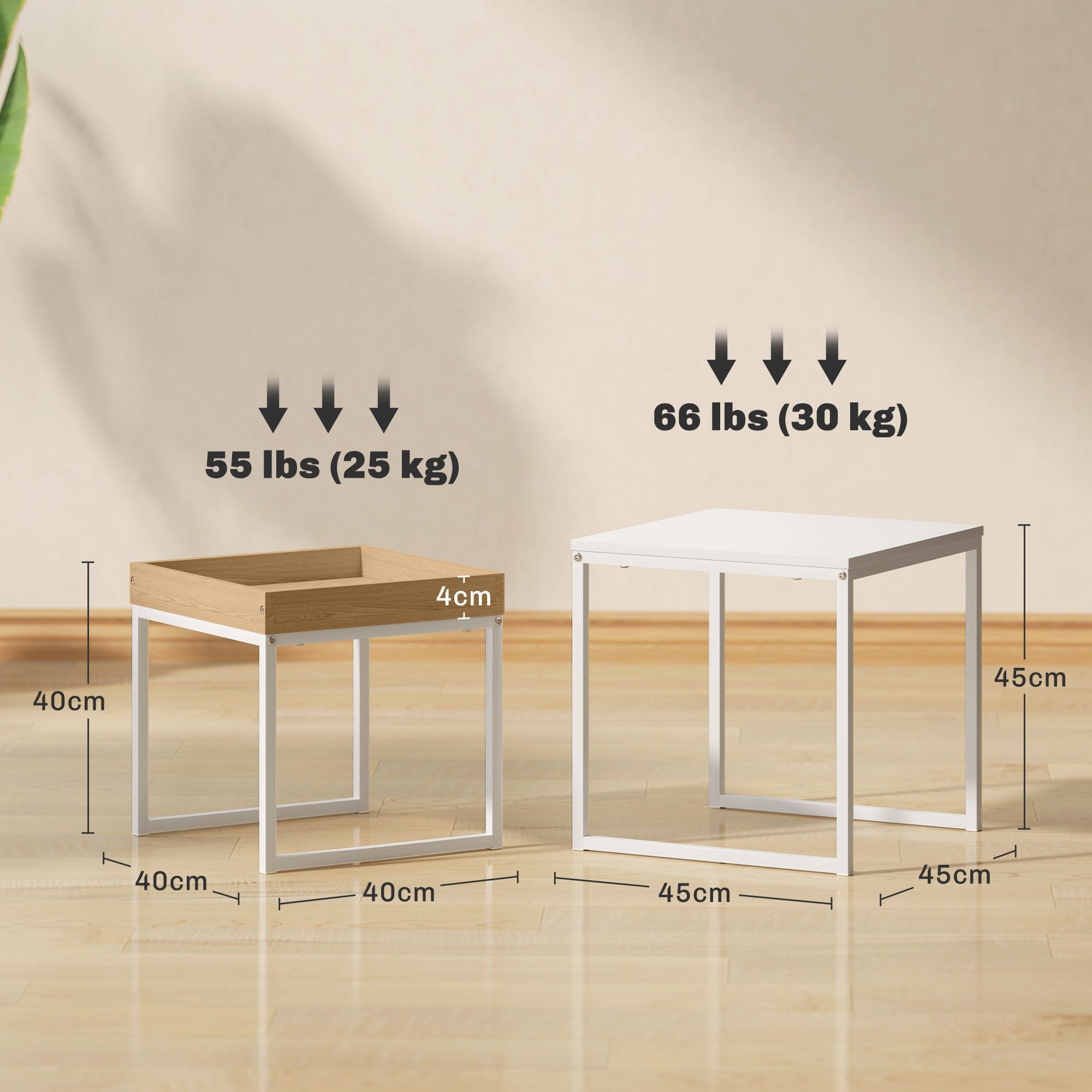 HOMCOM Couchtisch Satztisch mit Abnehmbarem Tablett, Stahlgestell, für Schlafzimmer (Kaffeetisch, 2-St., Eckiger Beistelltisch), für Wohnzimmer, bis 30 kg Belastbar, Weiß+Eiche