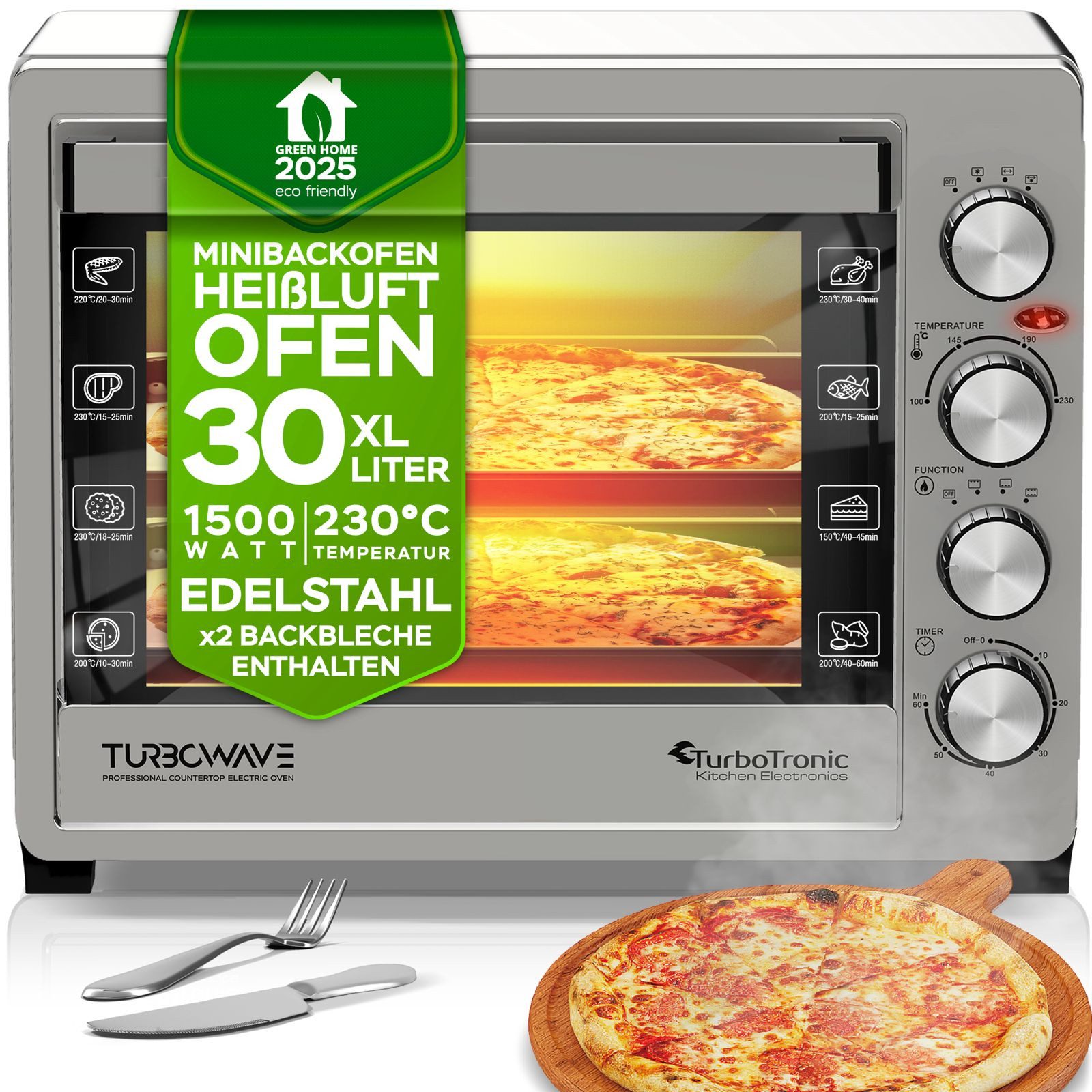 TurboTronic by Z-Line Minibackofen 30 L mit Grill, Umluft, Drehspieß & Timer Kompakter Tischbackofen, Pizza Elektrobackofen aus Edelstahl mit Doppelglastür 1500W