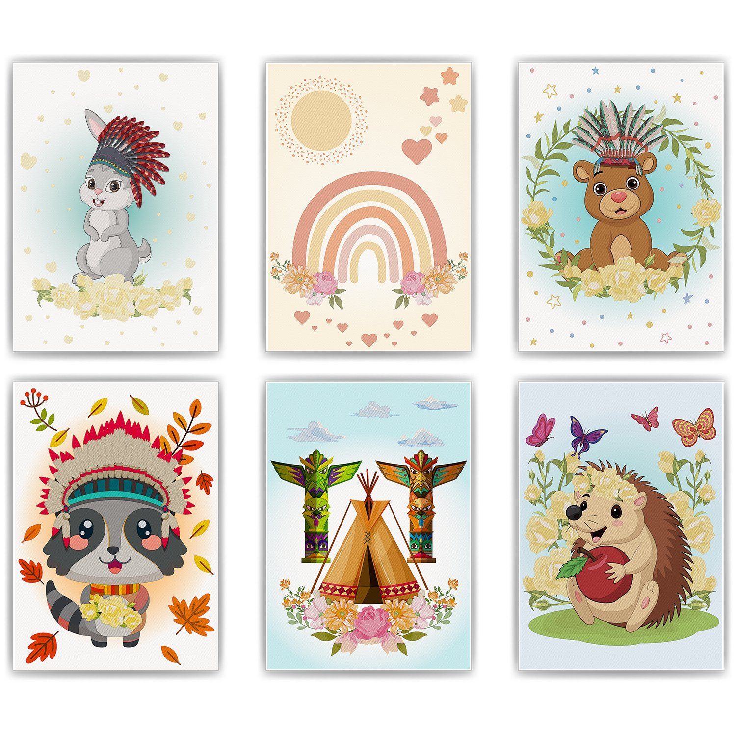 Tigerlino Poster Waldtiere 6er Set Kinderzimmer Wandbilder Regenbogen