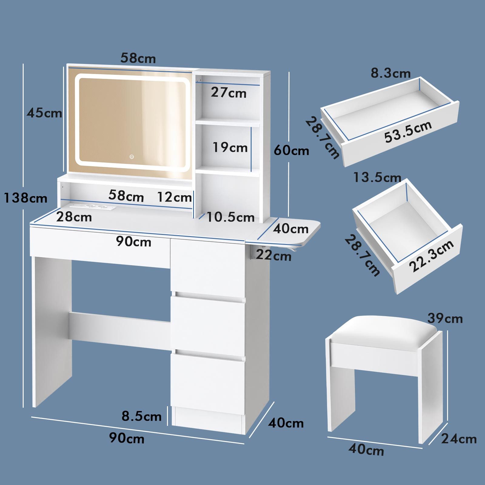 ALFORDSON Schminktisch mit 4 Schubladen und LED-Spiegel (45x58cm), moderner günstig online kaufen