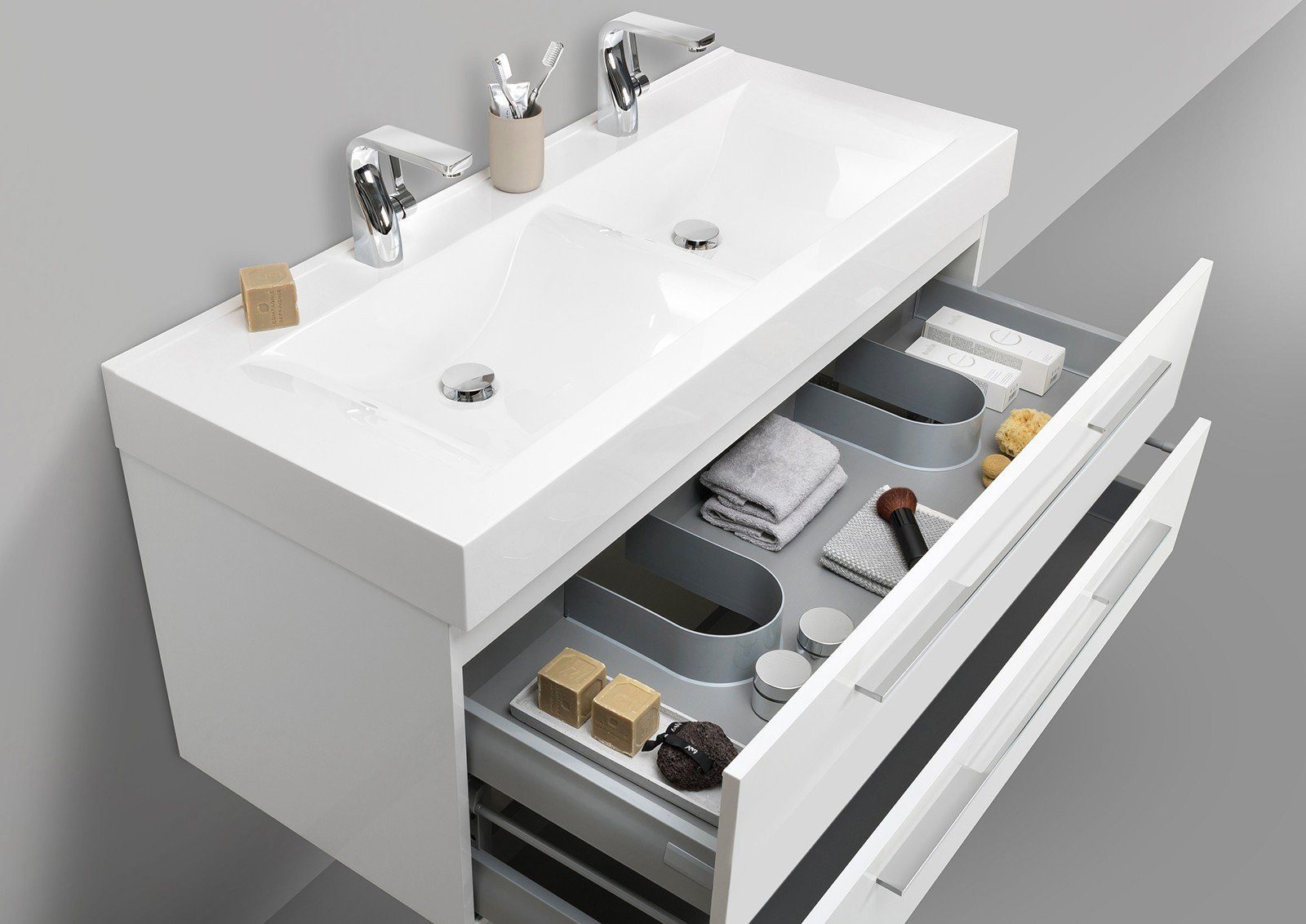 Intarbad Badmöbel-Set Design Doppelwaschtisch Badezimmer Set mit Unterschrank und LED