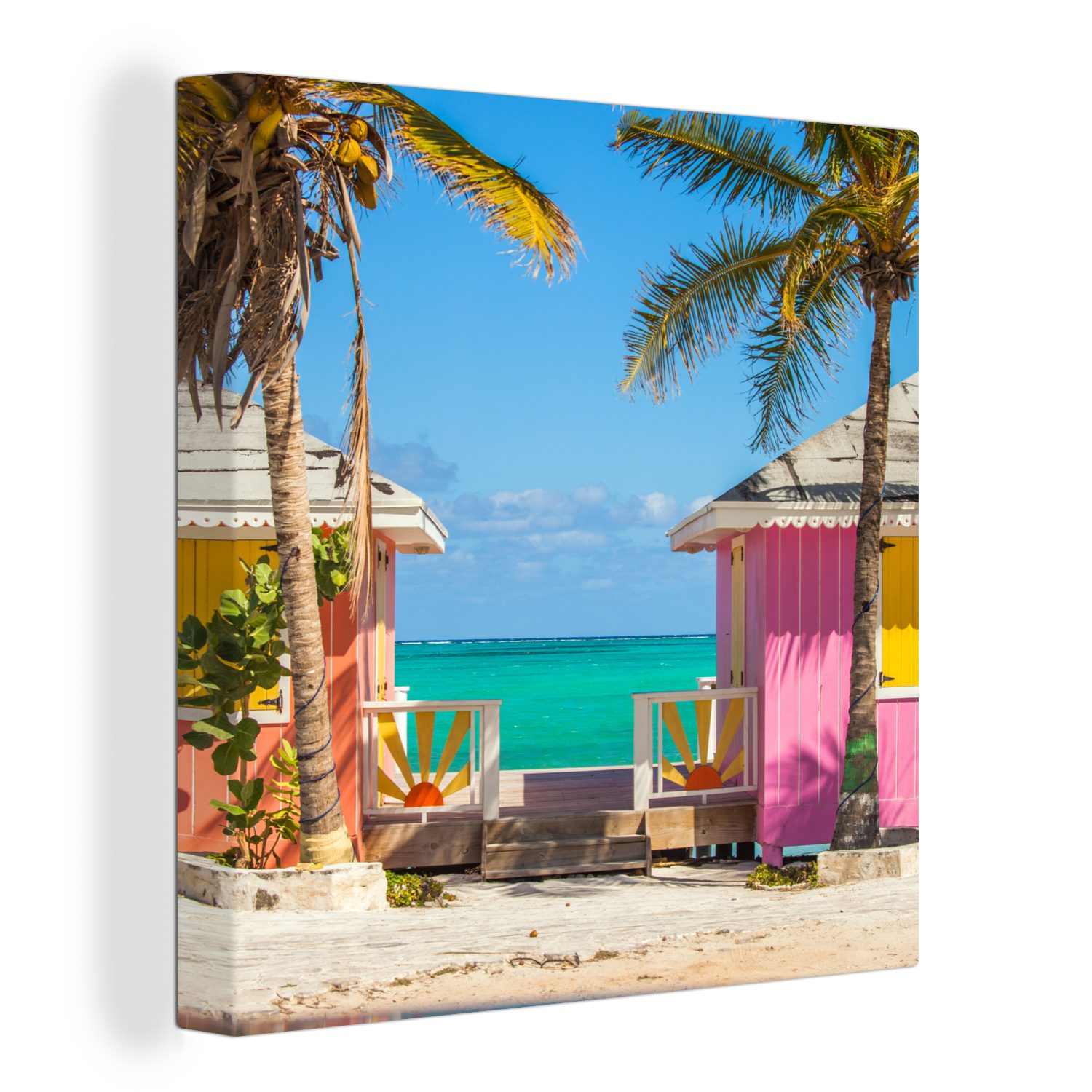 OneMillionCanvasses® Leinwandbild Bunte Strandhütten Karibik, (1 St), Leinwand Bilder für Wohnzimmer Schlafzimmer