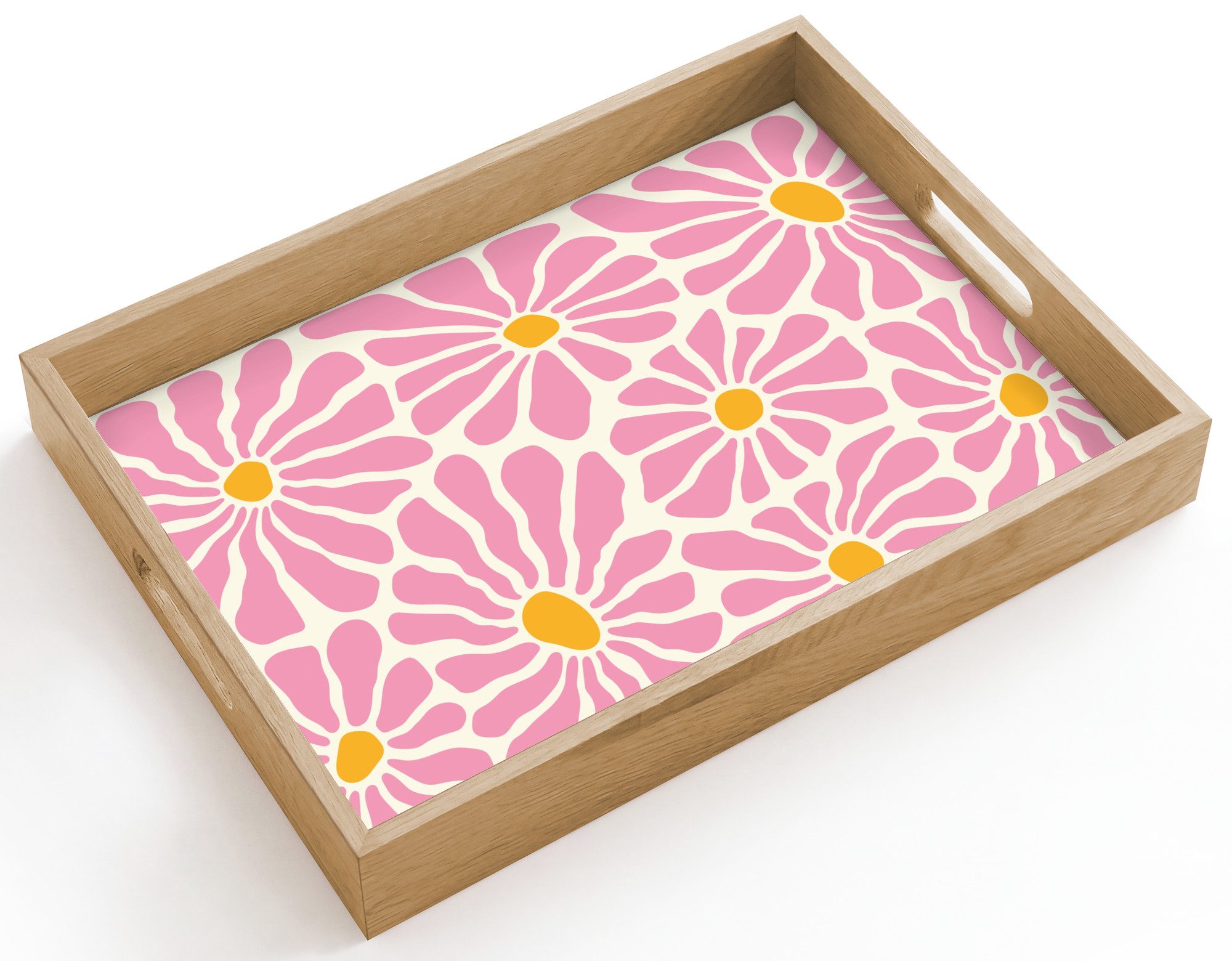 OnlyWow Tablett Rechteckig mit Henkel Blumen - Muster - Rosa - Beige - Orange, Eichenholz, (1-tlg), Siervierplatte, Tray, Frühstücksbrett