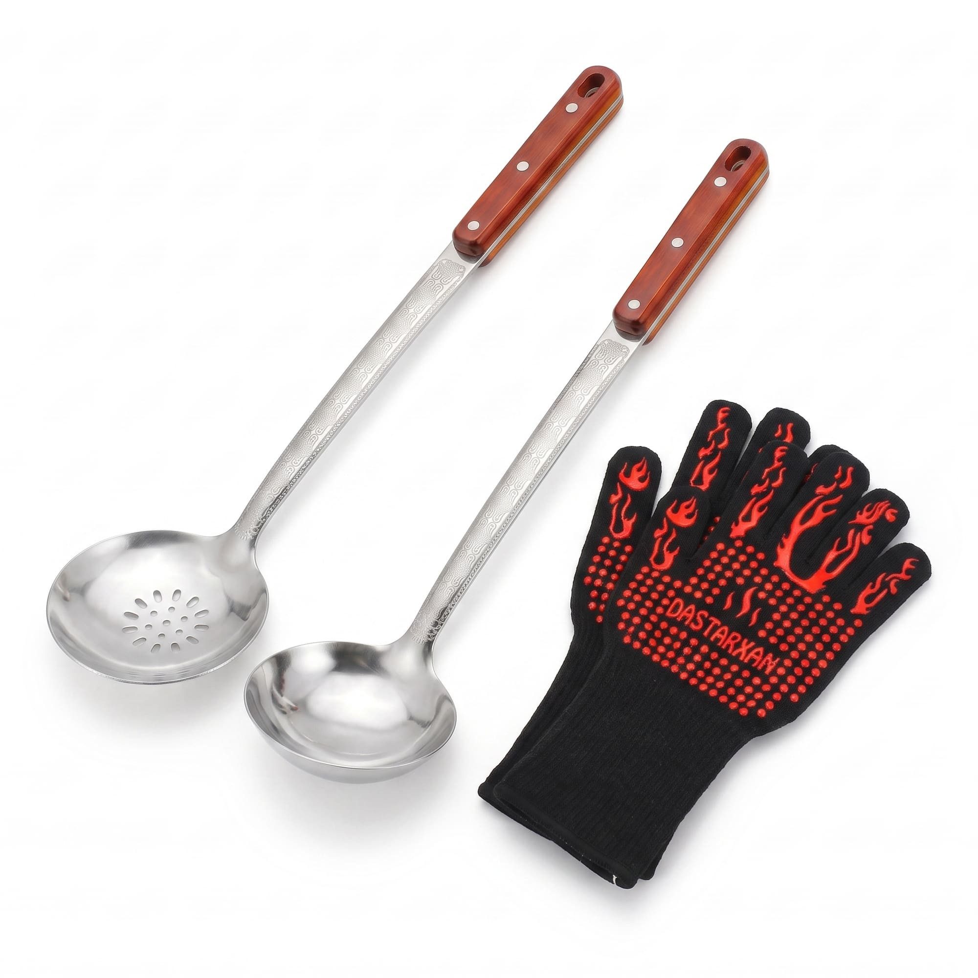 BIG-PAN Kochbesteck-Set 3er-Set XL Suppenkelle Schaumkelle Grillhandschuhe Edelstahl Kelle (Schaumlöffel Kochutensilien, Schöpflöffel Schöpfkelle Holzgriff), Ofenhandschuhe BBQ Hitzebeständig