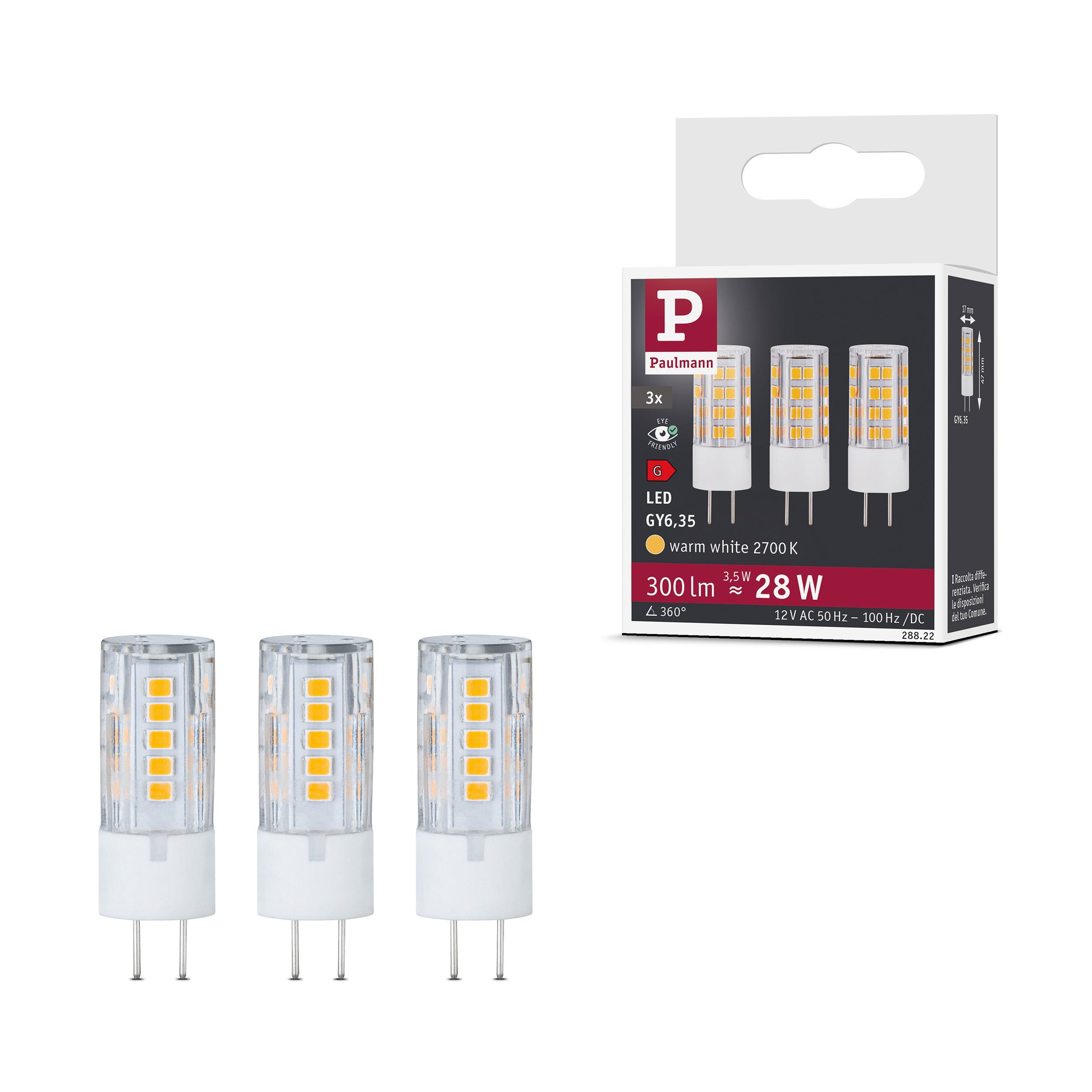 Paulmann LED-Leuchtmittel Standard 12V LED Stiftsockel GY6,35 3er-Set 3x300lm 3x3,5W 2700K Klar, GY6,35, 3 St.