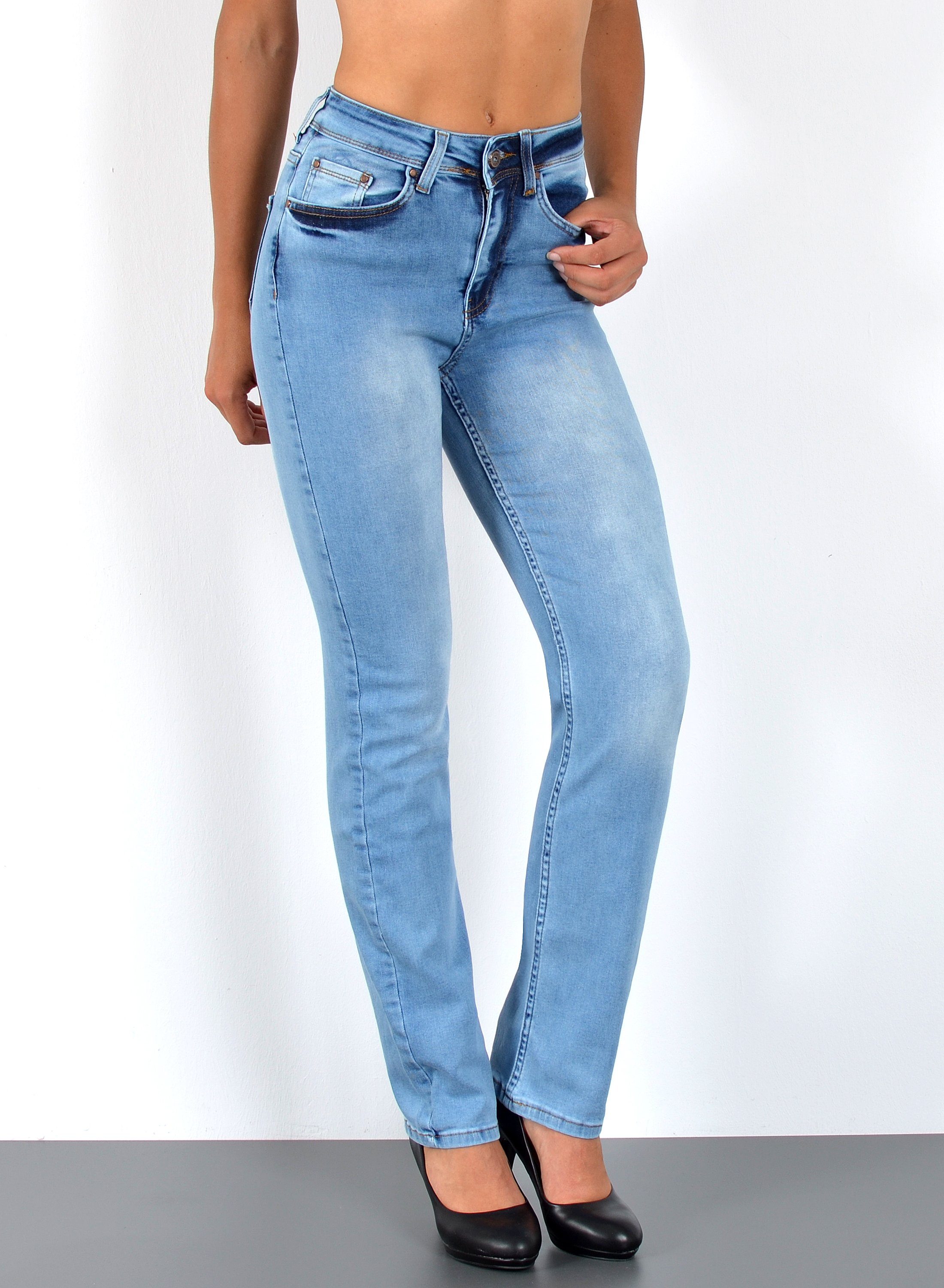 ESRA Straight-Jeans High Waist Straight Fit Jeans Damen Geradeschnitt Hose Straight High Waist Damen Jeans Straight Hose Gerade Schnitt Jeanshose Stretch