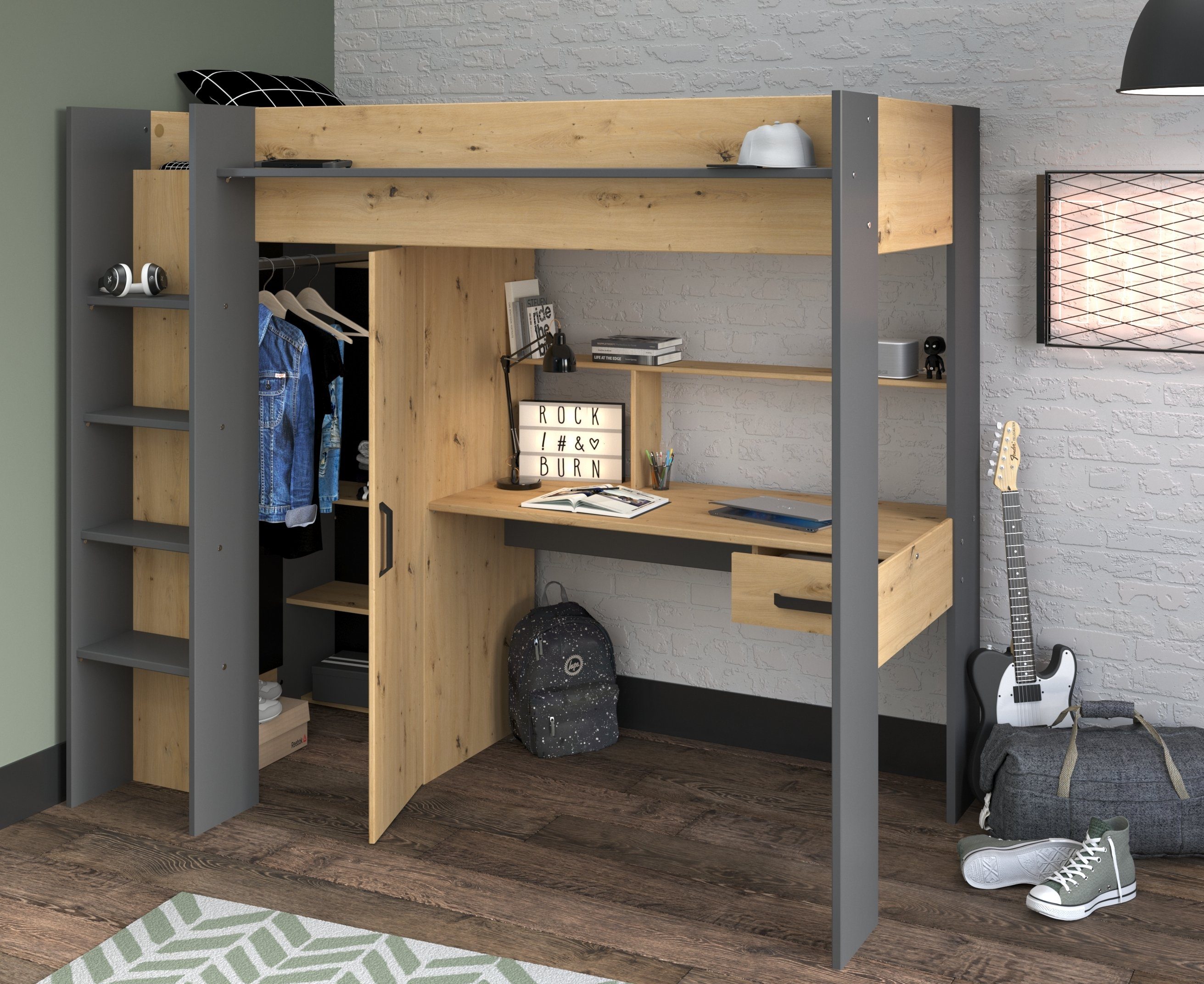 Parisot Hochbett Heavy (Hochbett mit Schreibtisch und Kleiderschrank, 1-St., mit Leiter 1x Schublade, 3 Offene Fächer) Kleiderstange