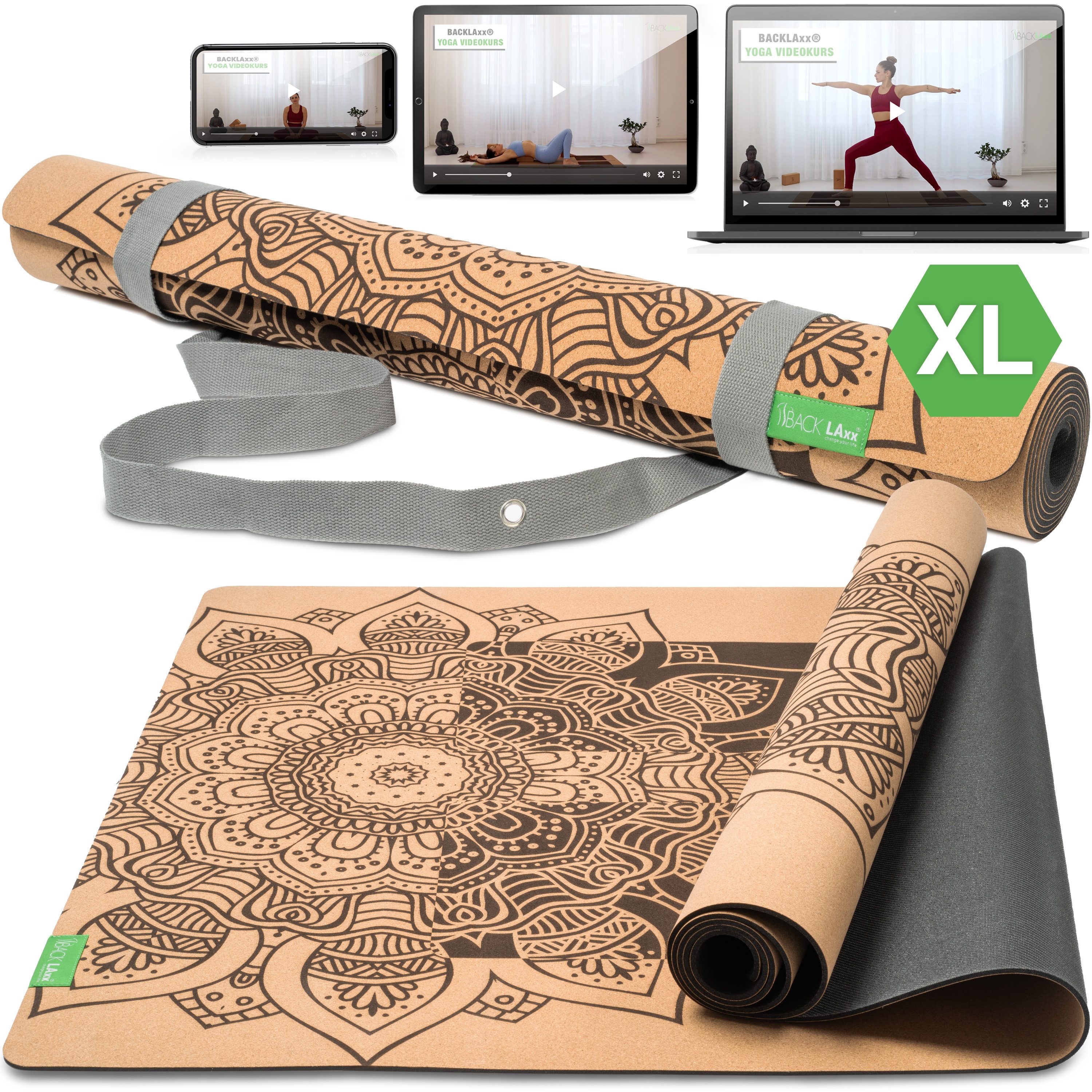 BACKLAxx® Yogamatte Kork XXL mit, Gymnastikmatte mit Anti-Rutschzonen 200 x 84 cm (Fitnessmatte aus Kork & Naturkautschuk, inkl. Tragegurt aus 100% Baumwolle & Videokurs), 4mm, Unterseite aus 100% Naturkautschuk