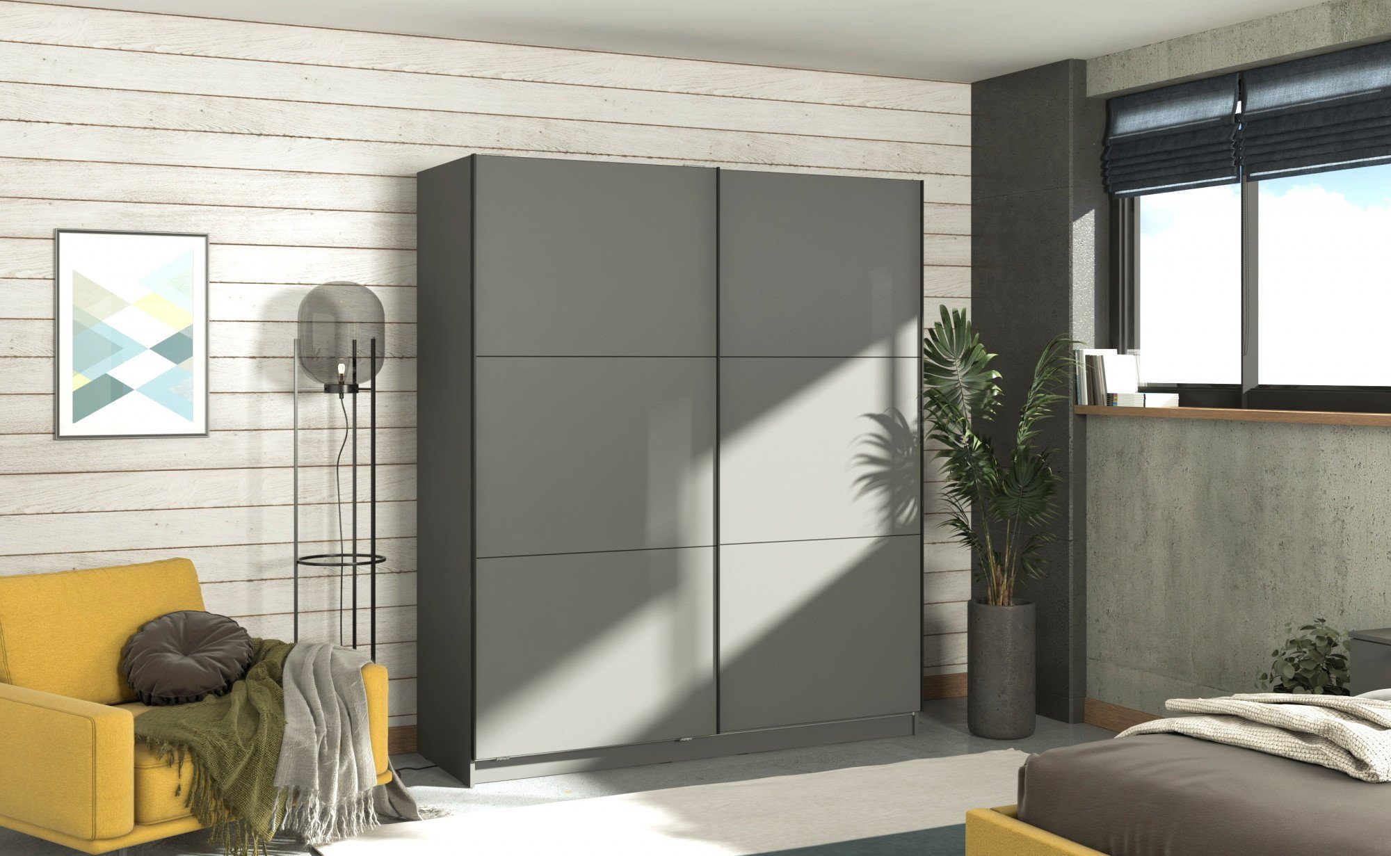 oder 217cm 179 Sierra Grau Schwebetürenschrank Graphite INKLUSIVE | Inneneinteilung, breit grau INOSIGN