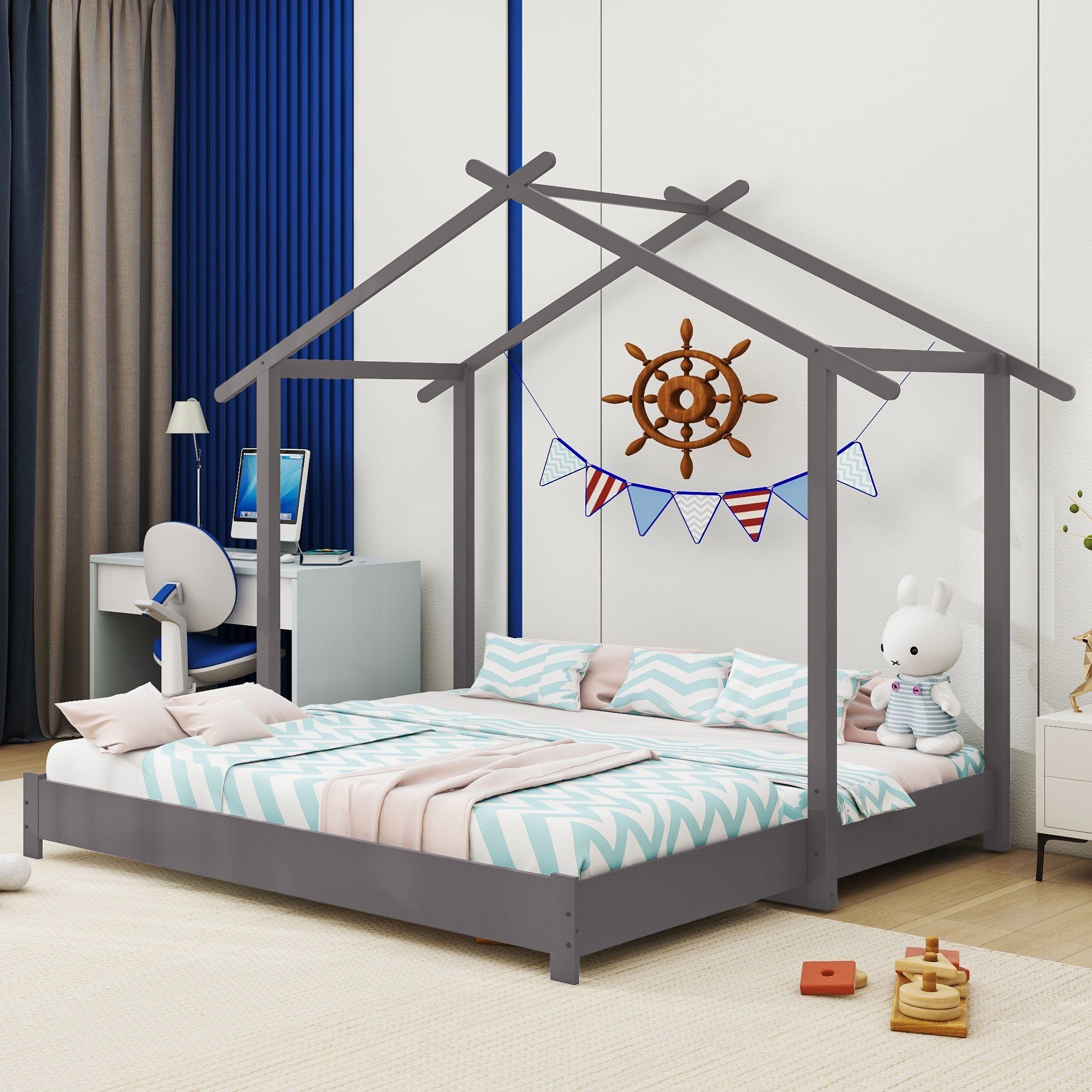 Ausziehbares Massivholzbettgestell), Lattenrost Jugendbett, Kinderbett, Bett, mit Hausform, (90-180)*190 ausziehbar, verstellbare (set,Familienbett, Ausziehbett, Kinderbett Ausziehbett, Breite Fangqi Bett, Grau