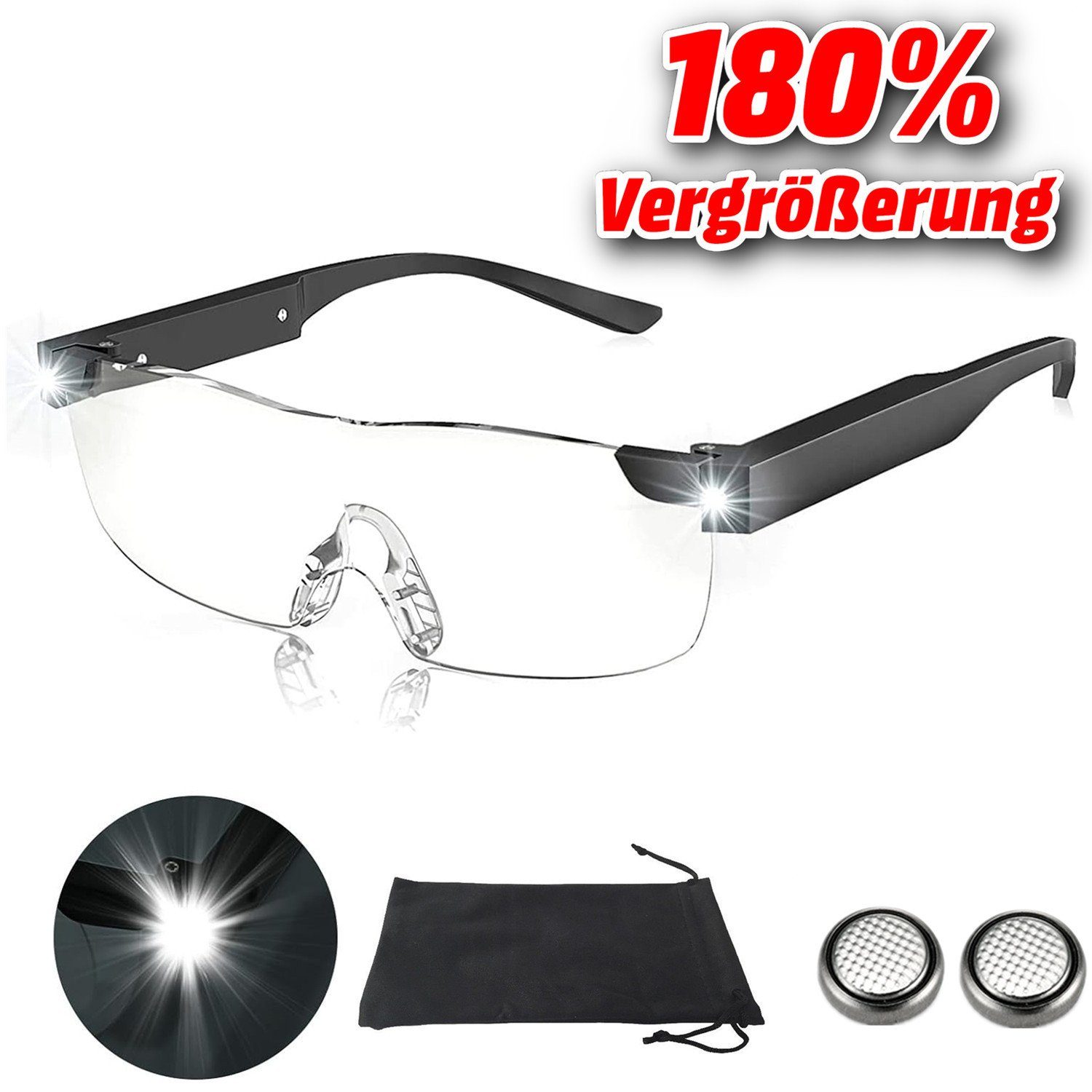 Olotos Lupenbrille LED Vergrößerungsbrille Leselupe Lesebrille Brille Lupe Vergrößerung, 180% Vergrößerung mit Stoffetui