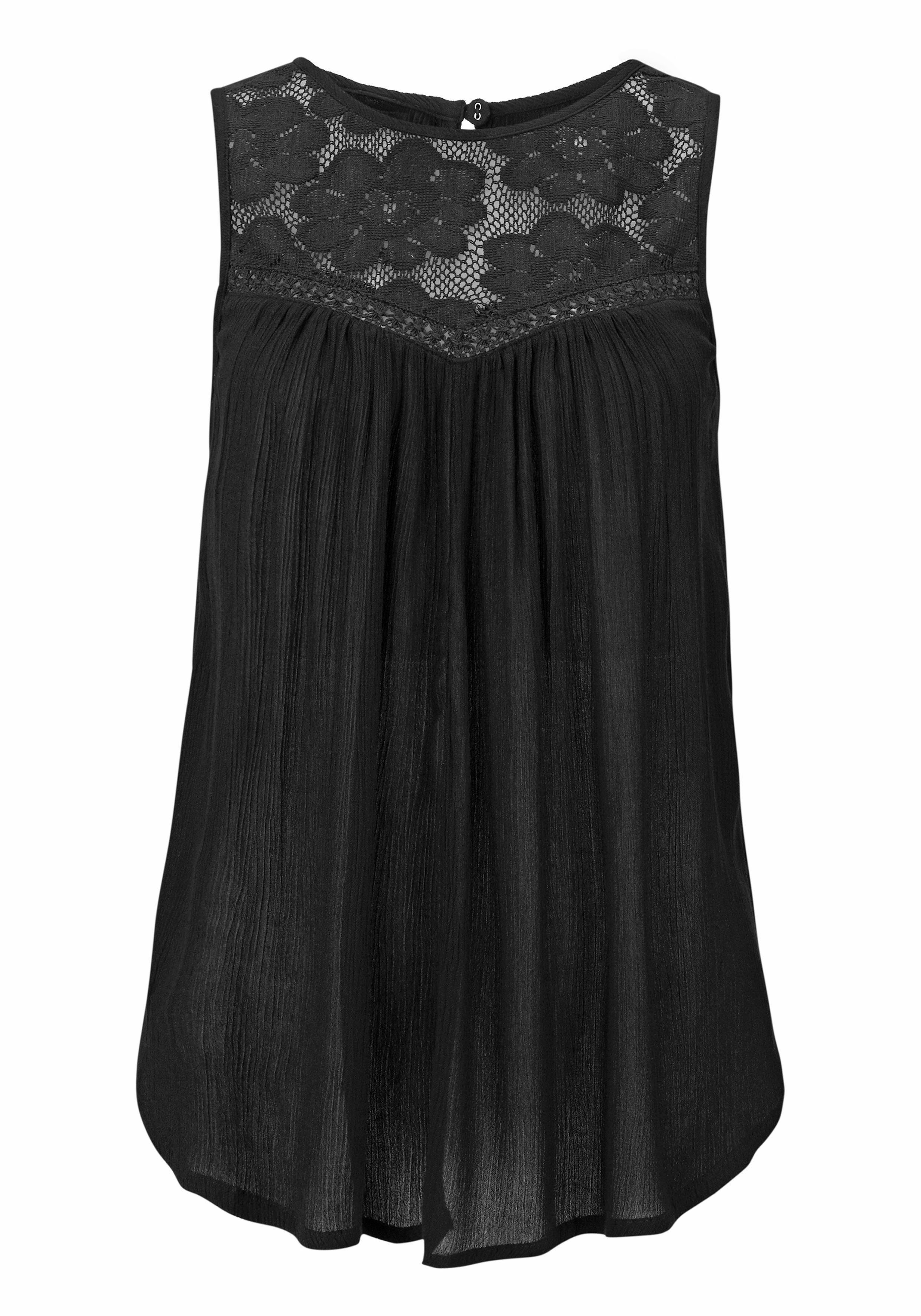 mit Boho-Style Spitzeneinsatz, Blusentop, Buffalo Crepebluse schwarz