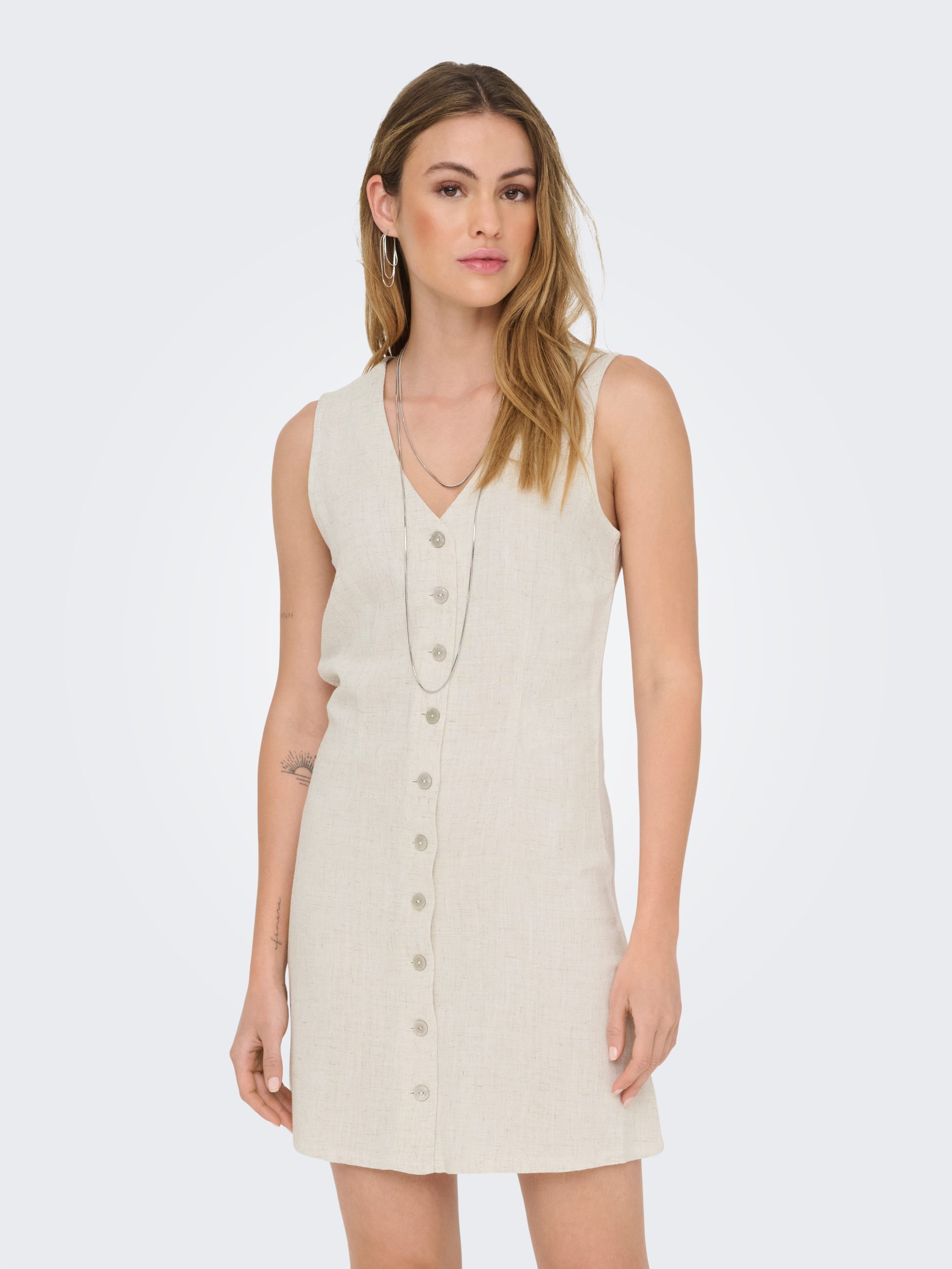 ONLY Minikleid ONLSIESTA LIN BL SL SHORT DRESS PNT NOOS Viskosemischung, regular fit, V-Ausschnitt, mit Leinen