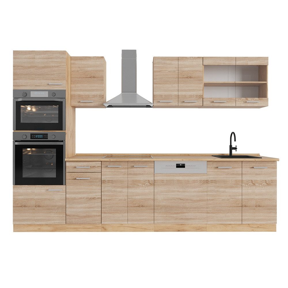 Vicco Küchenzeile R-Line, Sonoma/Goldkraft Eiche, 300 cm mit Hochschrank, AP Eiche