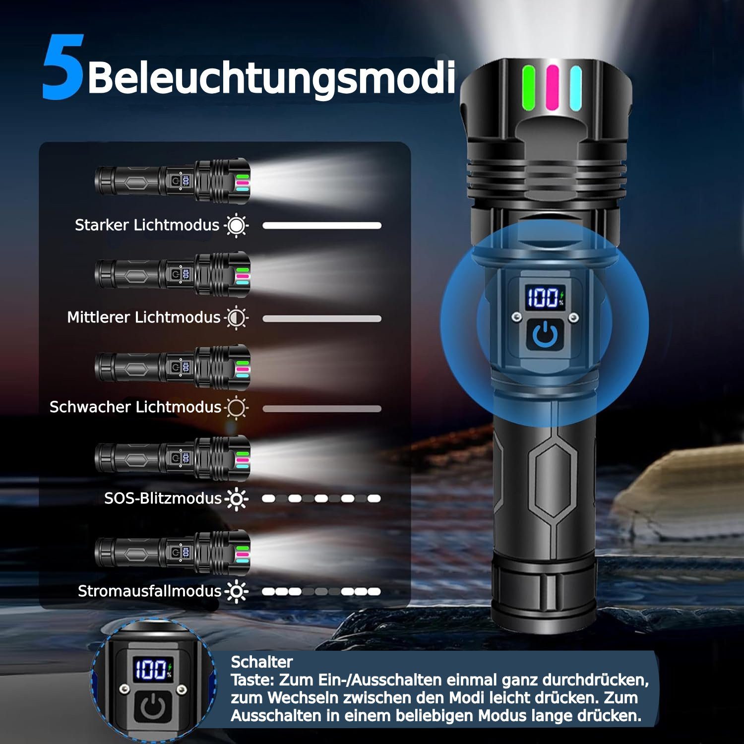 ibettertec LED Taschenlampe Aufladbar, Extrem Hell Zoombares Taschenlampe (USB/Typ-C-Direktaufladung,Stoßfest, sturzsicher, wasserdicht IPX7, Hochleistungs-26650-Akku, 5 Beleuchtungsmodi, Zoomfunktion), für Camping, Wandern, Outdoor, Notfäll